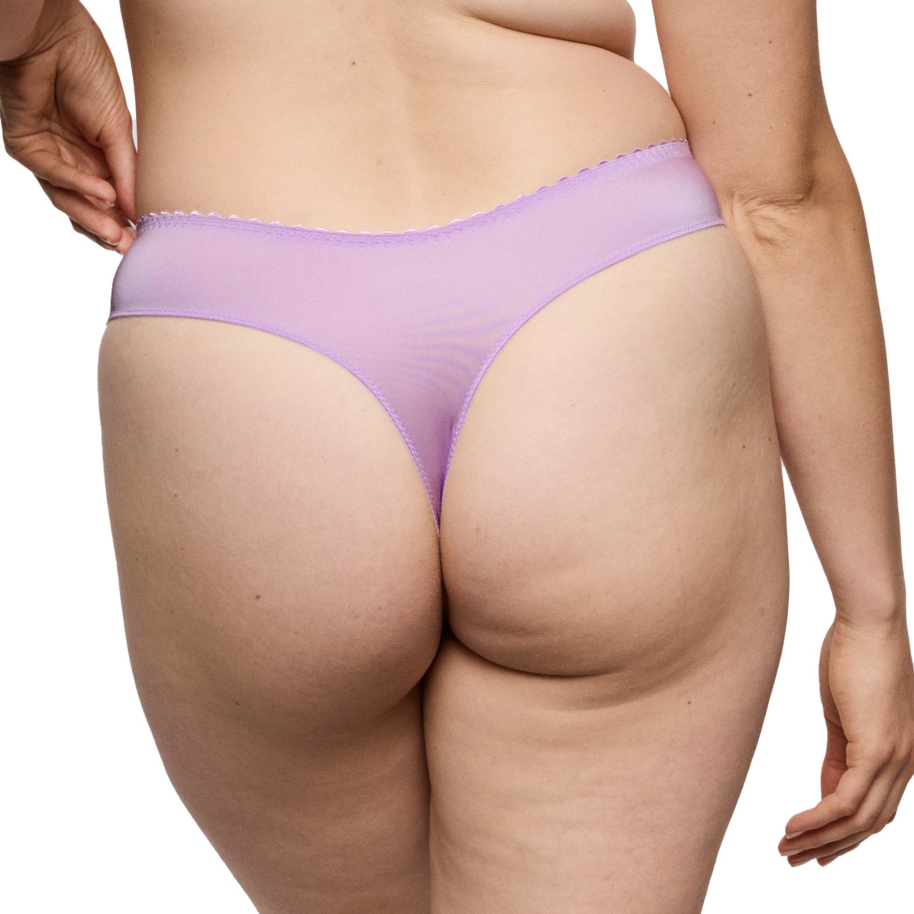 Back view of wisteria thong featuring smooth microfiber rear with scalloped trim waistband.