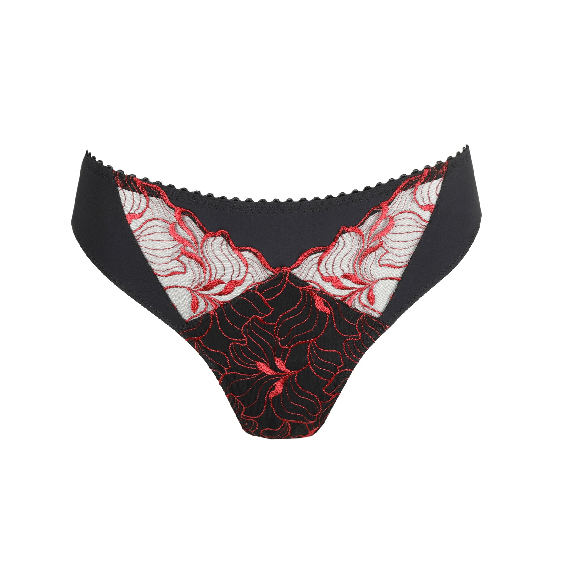 Close-up of black thong with red floral lace embroidery and scalloped trim.
