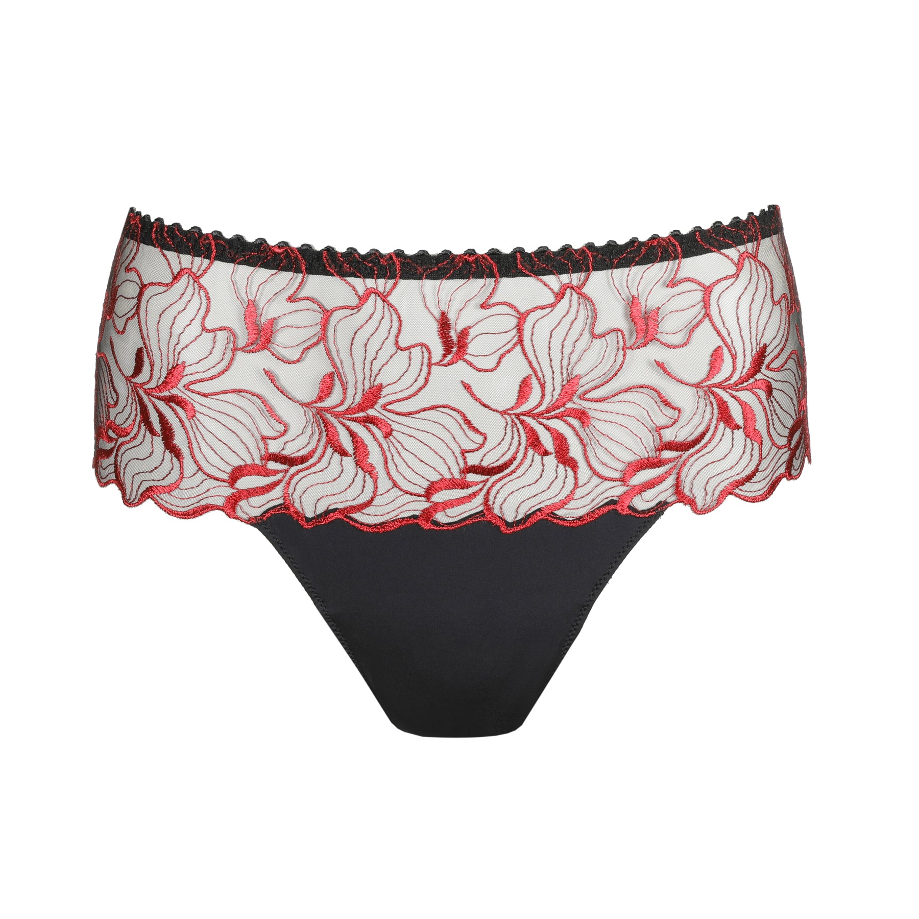 Flat lay of black and red embroidered lace brief with scalloped trim.
