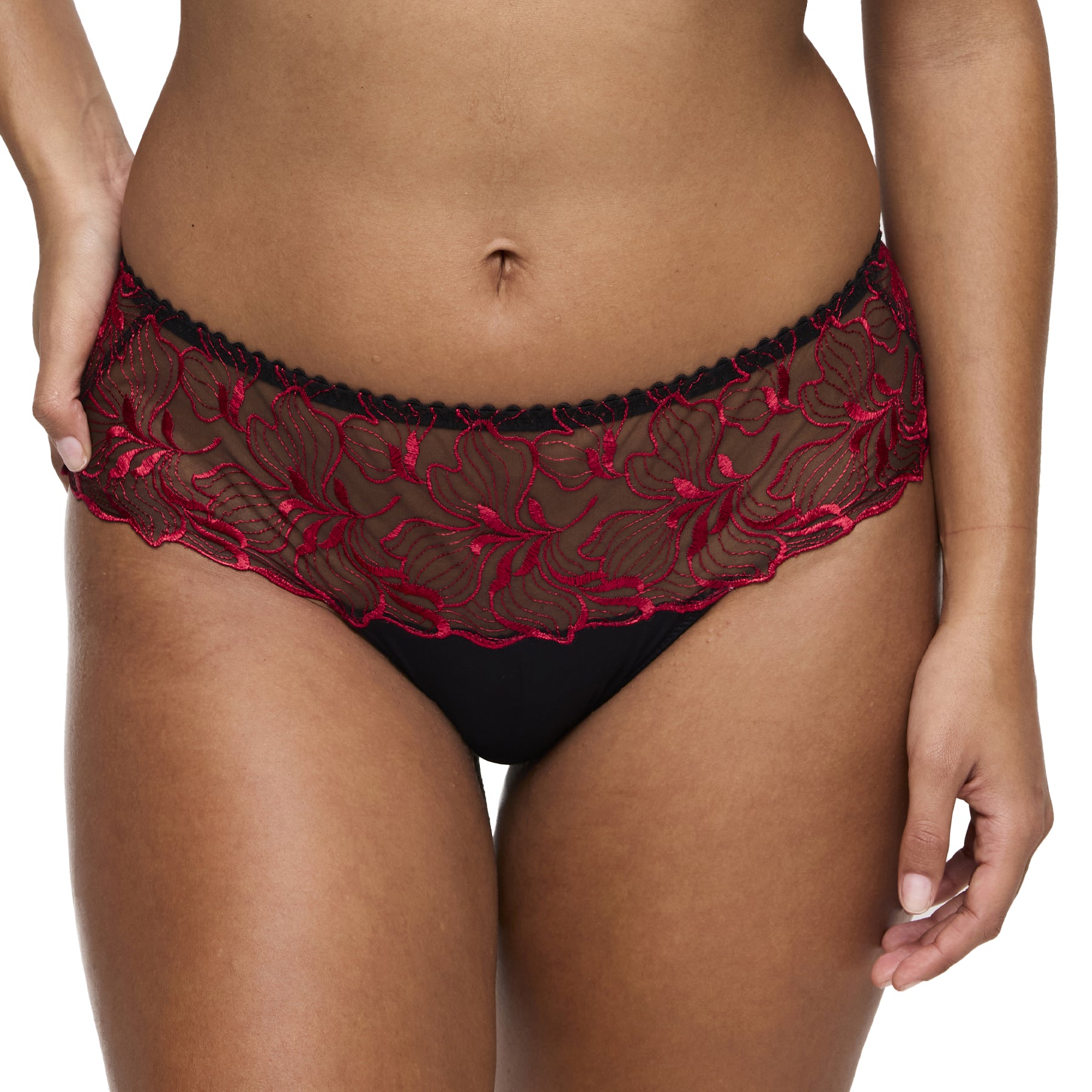 Close-up of embroidered lace brief showing sheer floral detailing and scalloped edge.