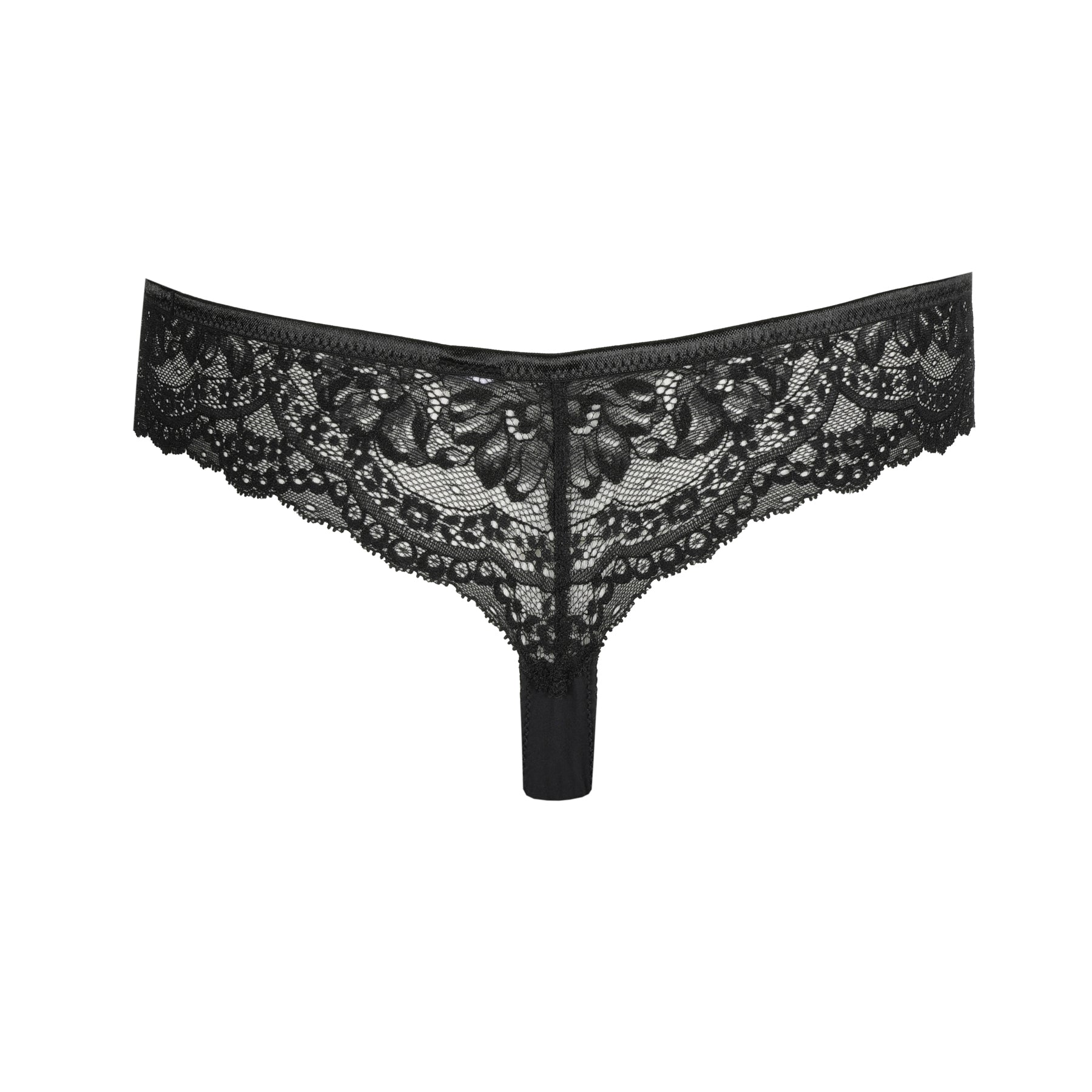 Black lace thong with floral embroidery, product flat lay.