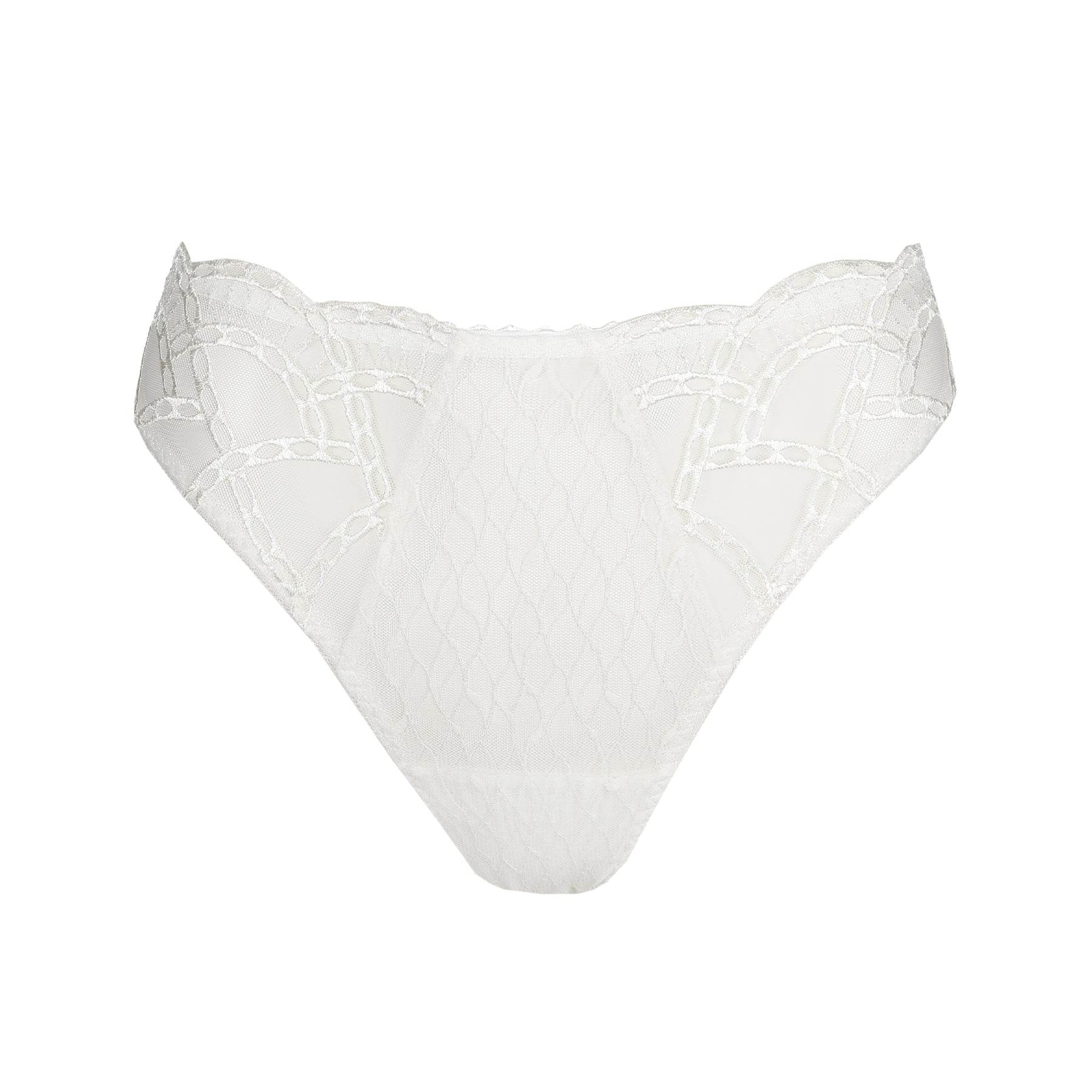 Ivory lace brief with sheer embroidered mesh panels and delicate scalloped edges, shown flat on a white background.