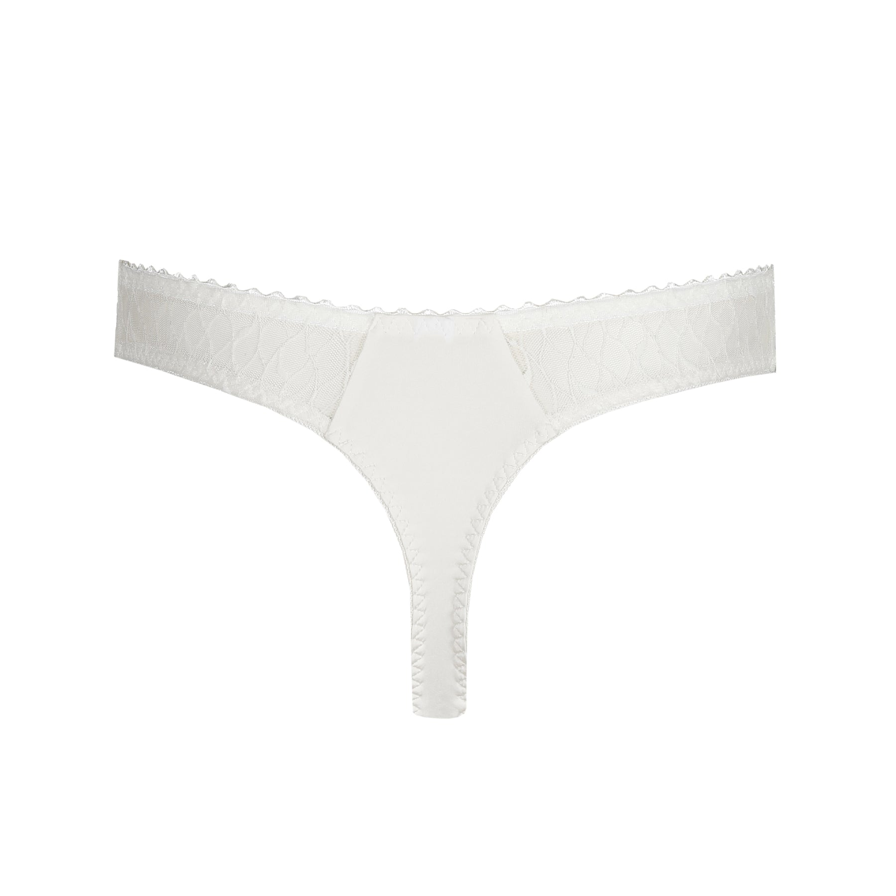 Back view of ivory lace brief featuring sheer mesh fabric and smooth, minimal coverage.