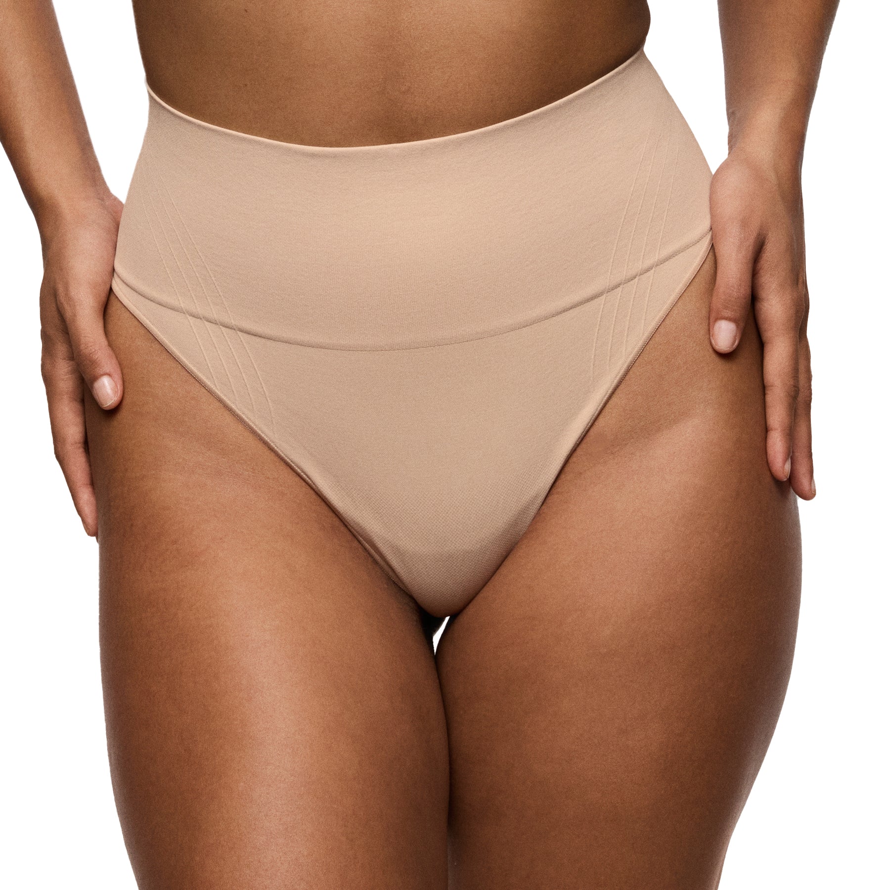 Beige high-waisted bikini bottom on a white background