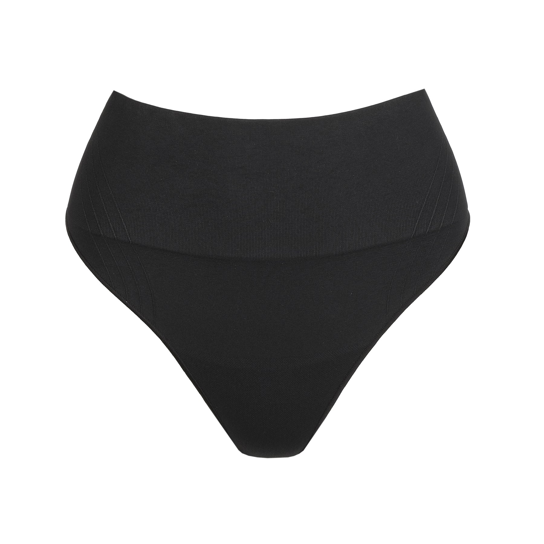 Black high-waisted bikini bottom on a white background