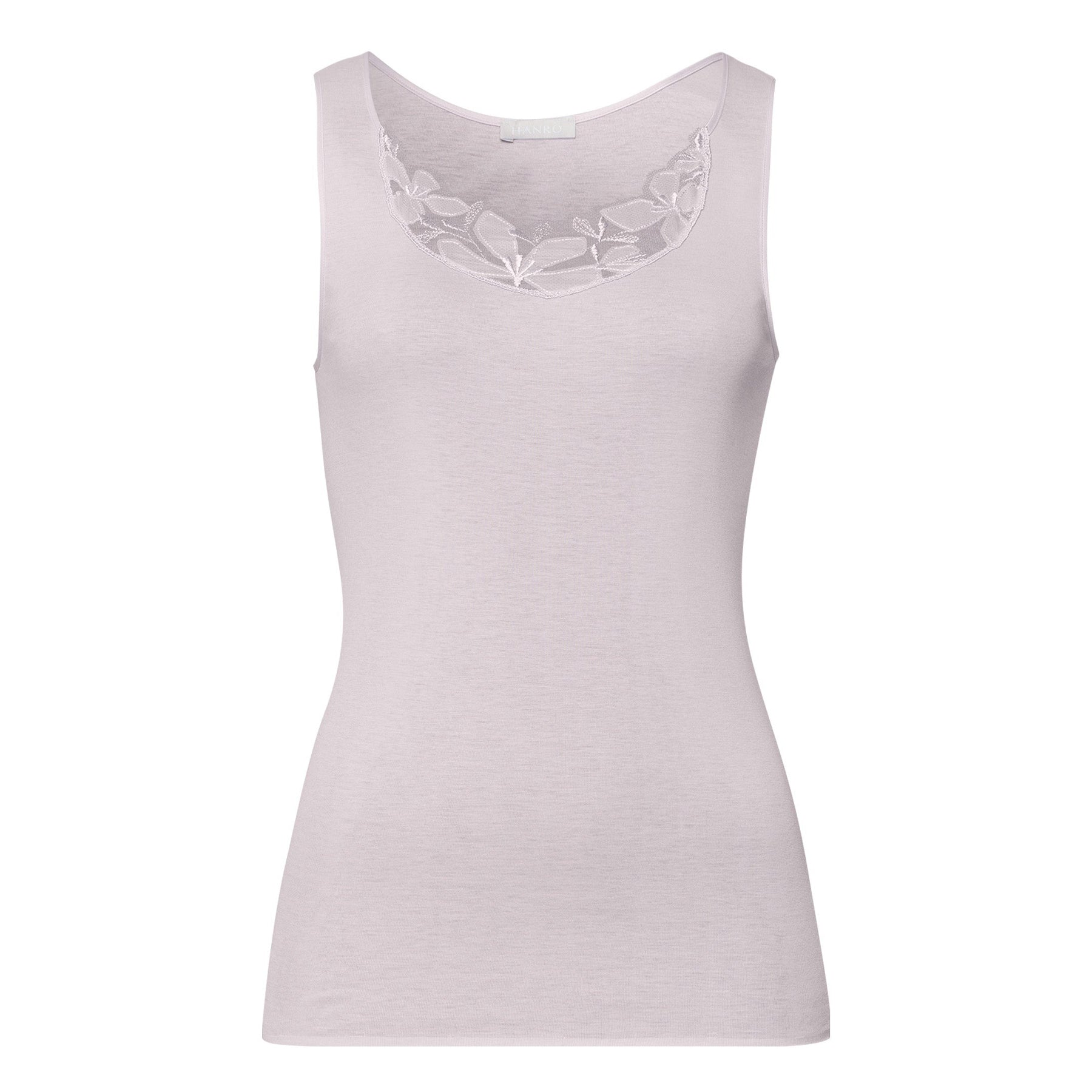 Light pink sleeveless tank top with floral lace neckline, displayed flat on white background.