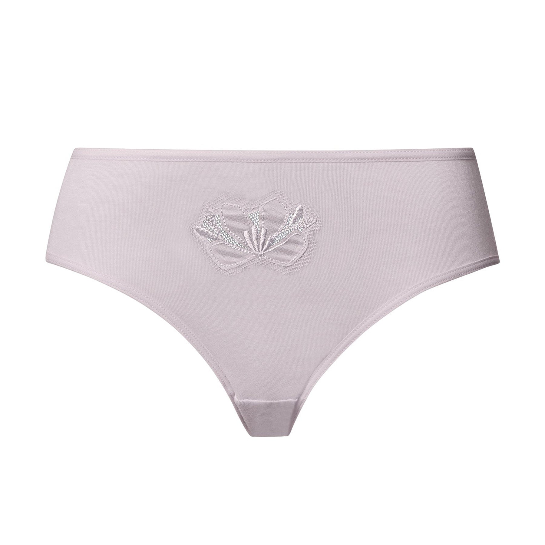 Light lilac women’s brief with delicate floral lace embroidery on the front, displayed on a white background.