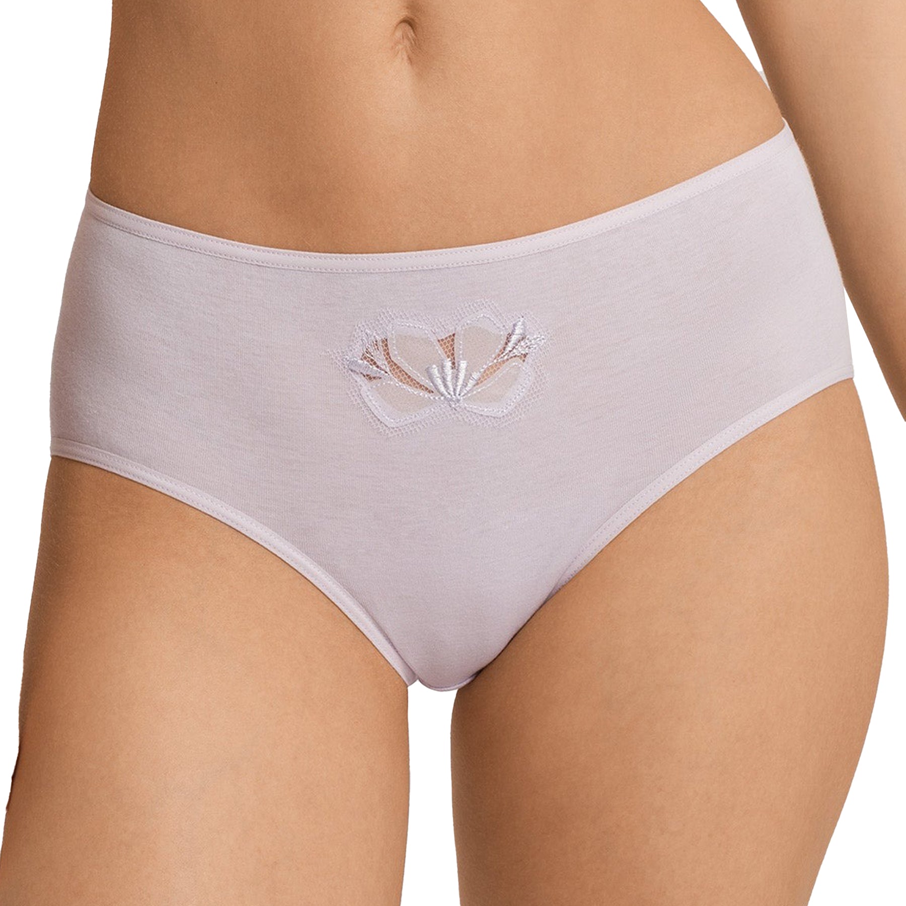 Light lilac full brief with sheer floral embroidery on the front, shown on model for fit and texture detail.