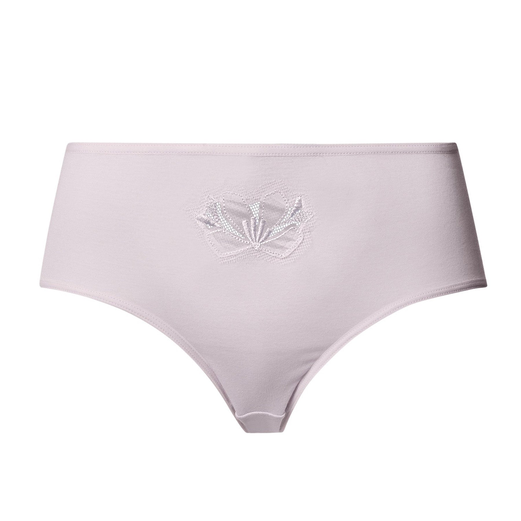 Lilac cotton full brief with delicate floral lace insert at the front, displayed flat on white background.