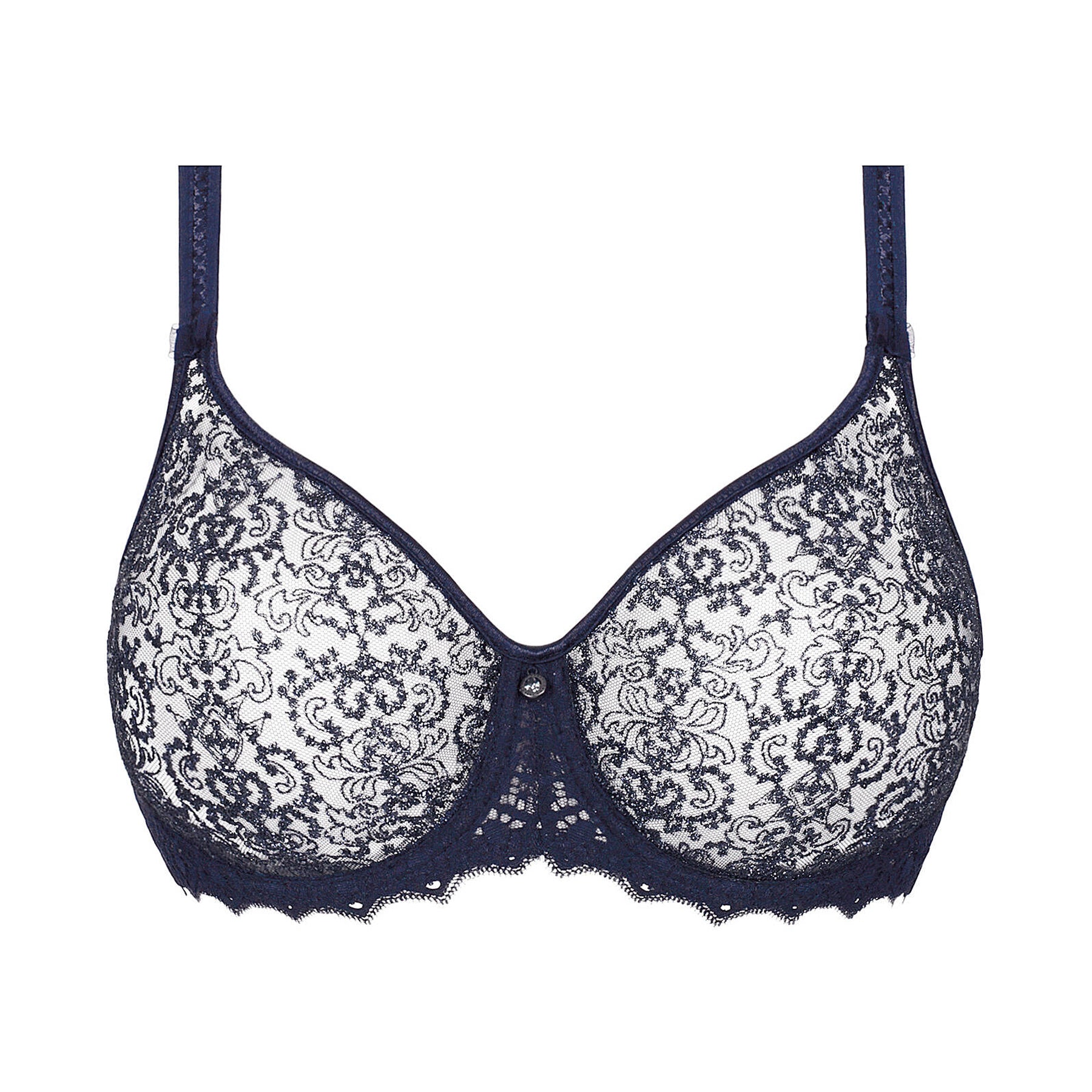 Navy blue lace bra on a white background