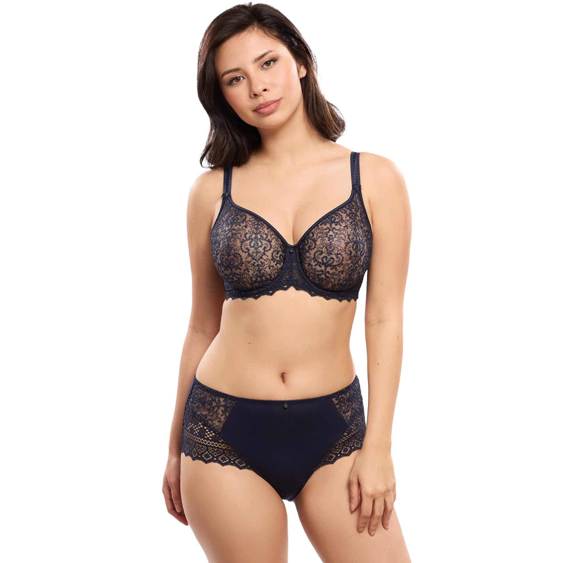 Woman wearing a black lace lingerie set on a white background