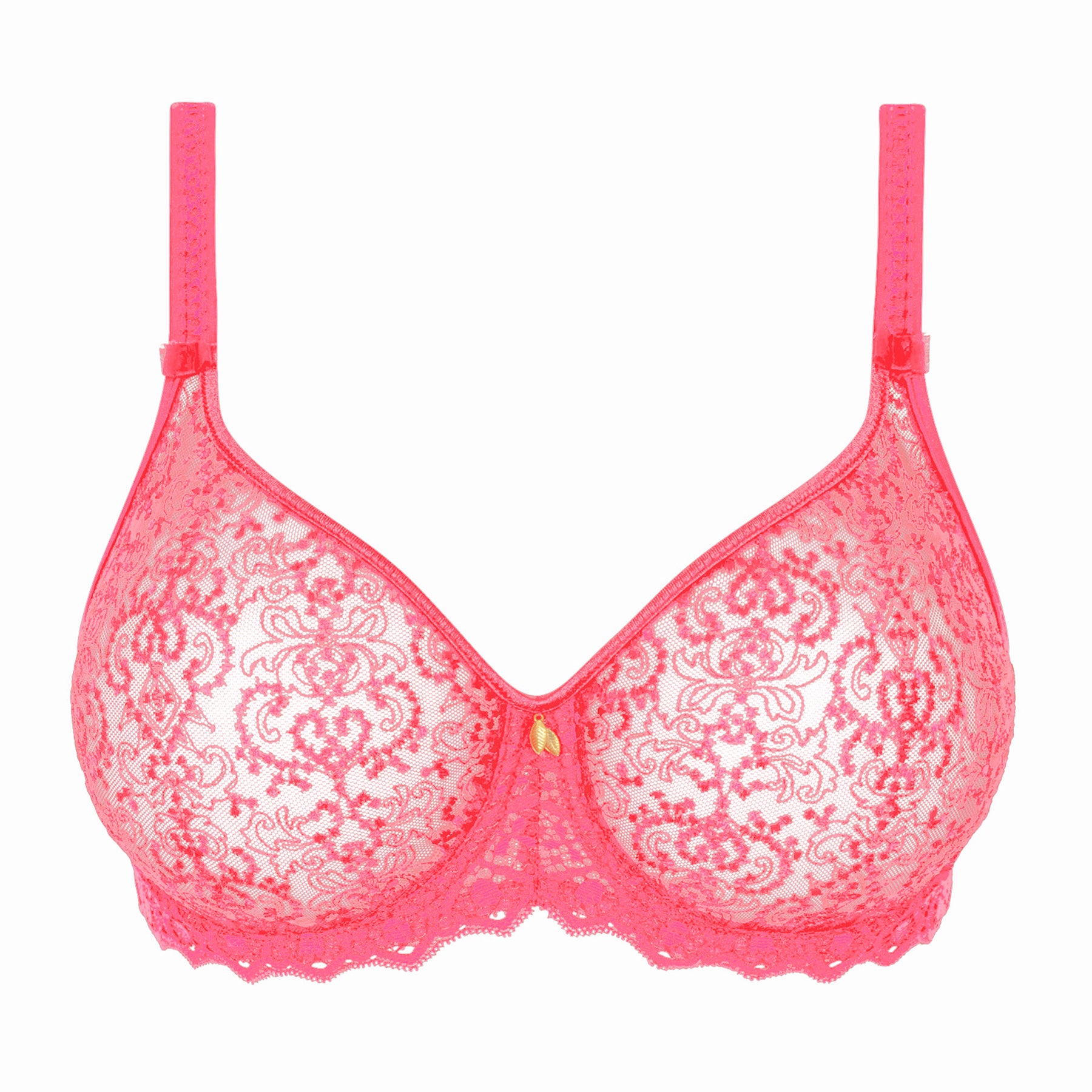 Front view of electric pink lace bra with sheer floral lace cups, underwire support, and small gold charm at the centre