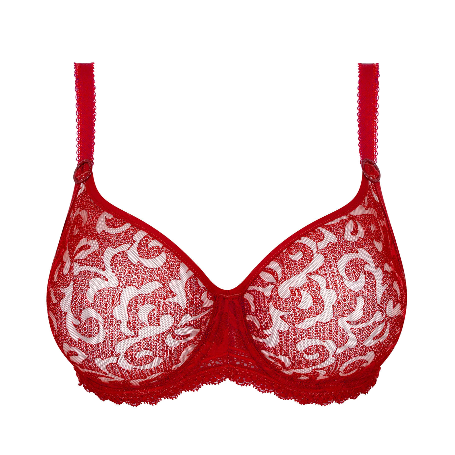 Red sheer lace underwire bra with floral pattern and scalloped trim
