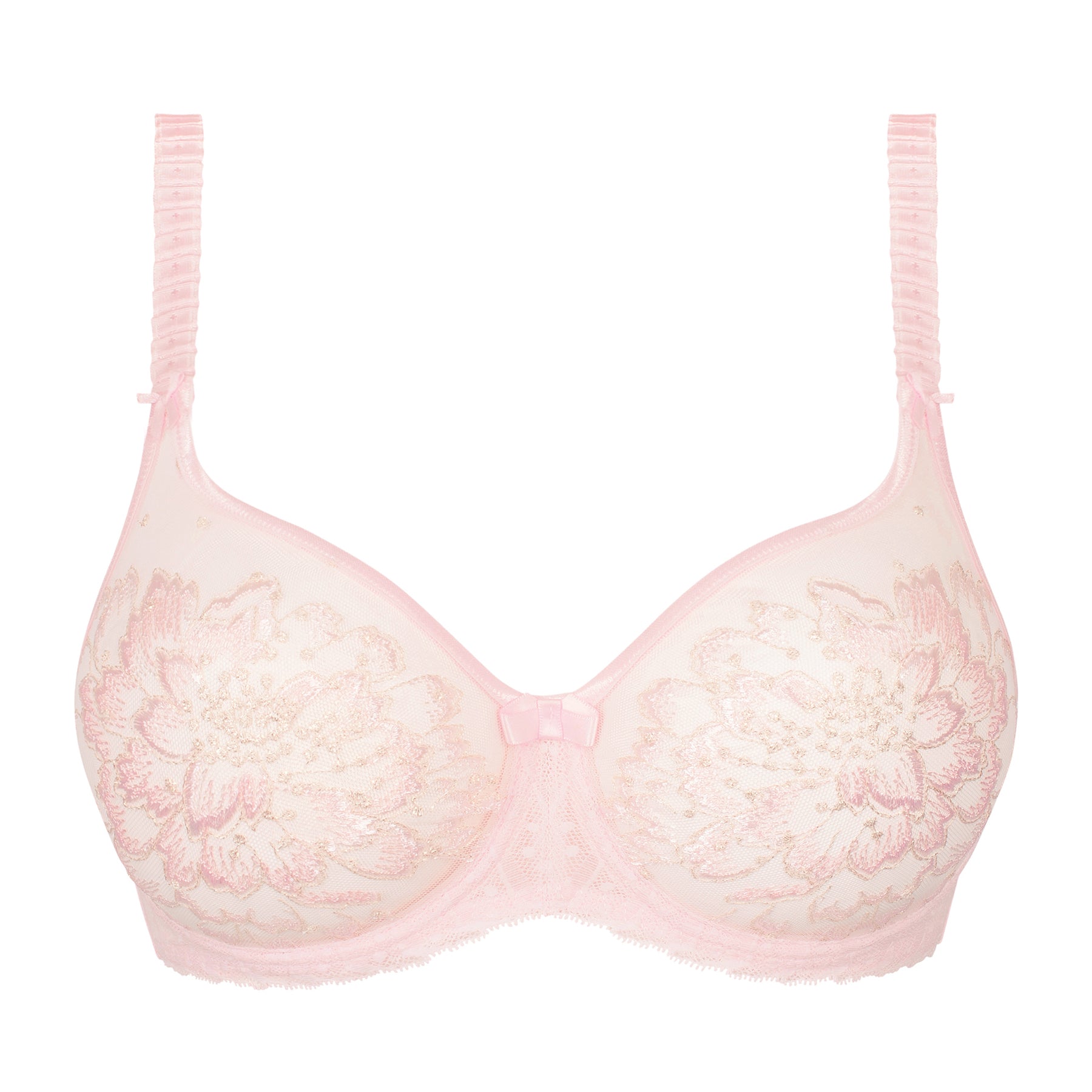 Front view of a blush pink full cup underwire bra with sheer mesh cups and delicate floral embroidery.