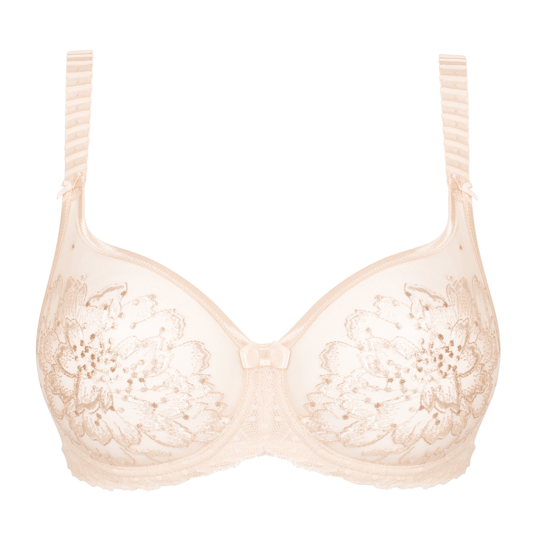 Full view of a woman wearing a matching embroidered bra and high-waisted brief in nacre beige.