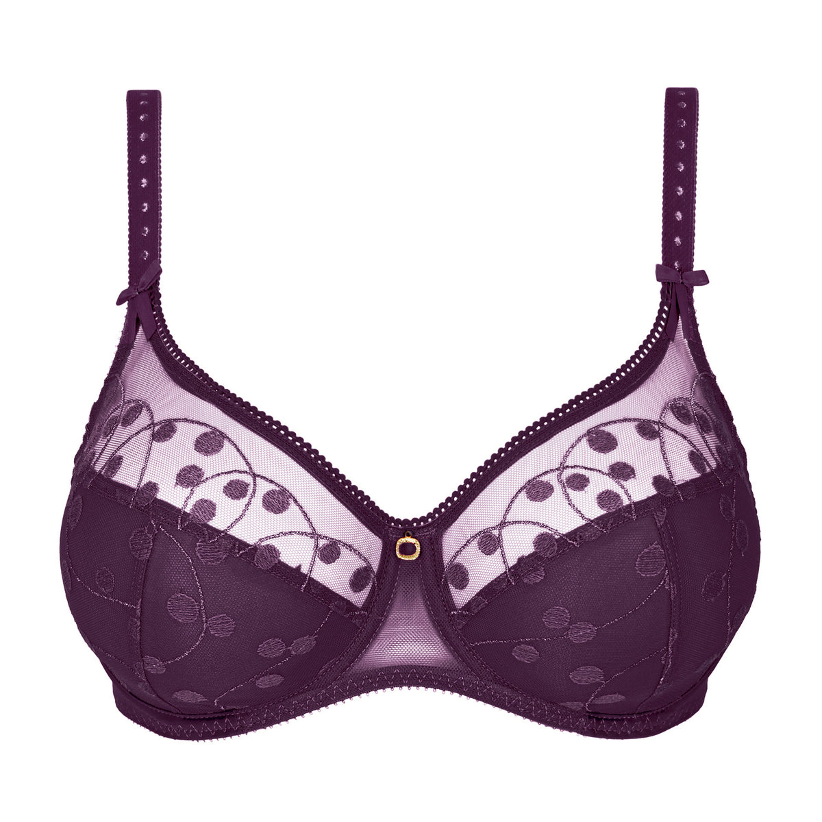 Amethyst purple underwire bra with sheer embroidered mesh, dotted detailing, decorative straps and a gold centre charm.