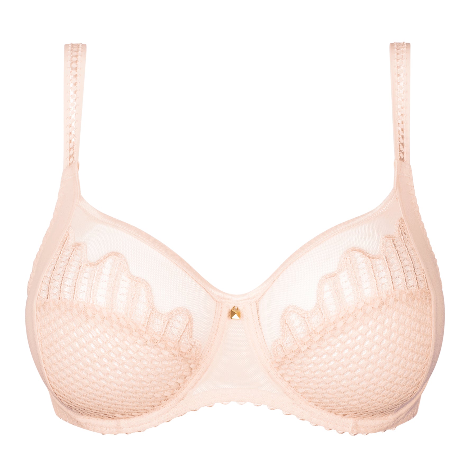 Front view of nude underwire bra with semi-sheer cups, geometric lace, and supportive structure