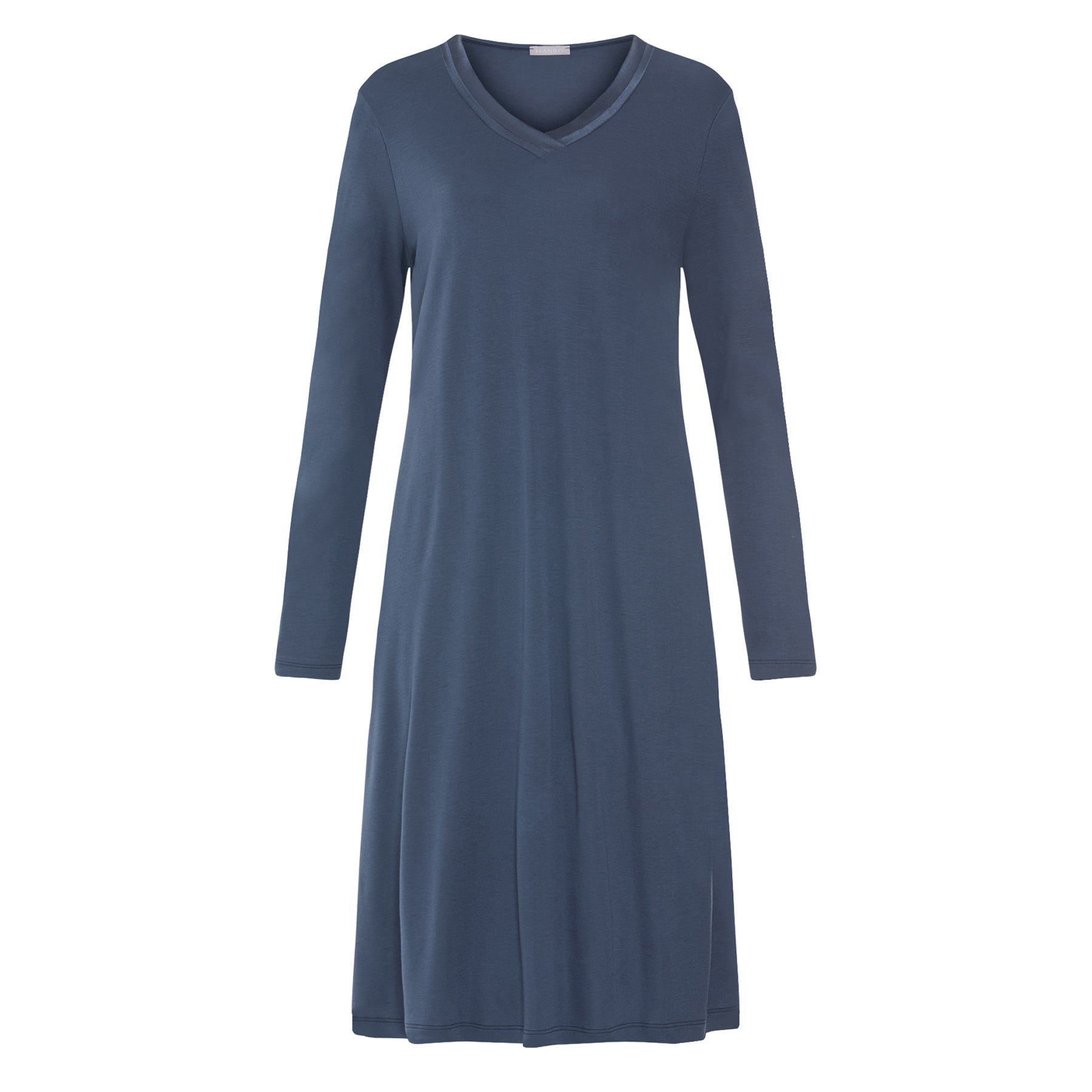 Front view of a blue long-sleeve V-neck nightgown with satin neckline trim and a relaxed A-line shape.
