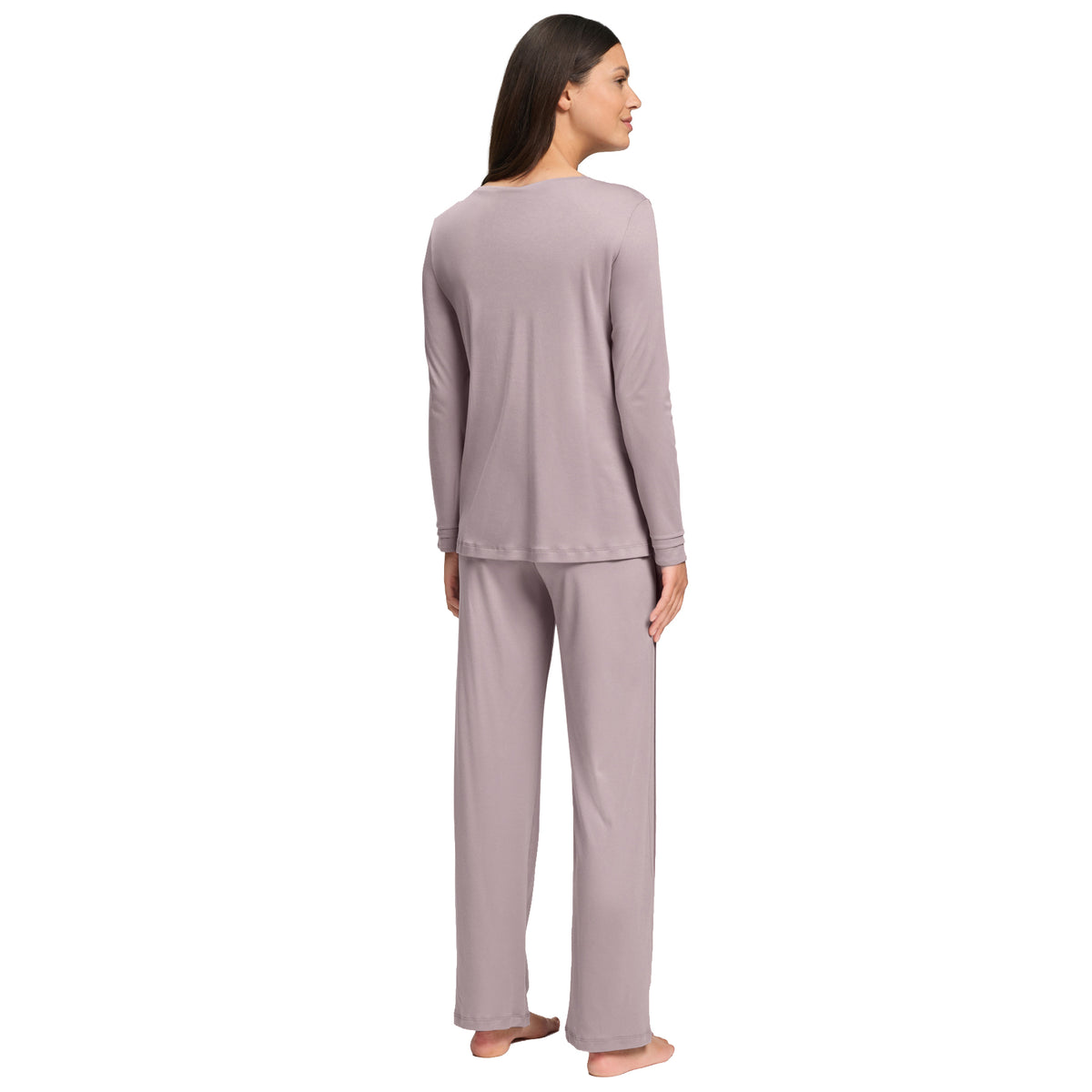 Model wearing HANRO Pilar Long Sleeve Pajama Set in mauve, back view