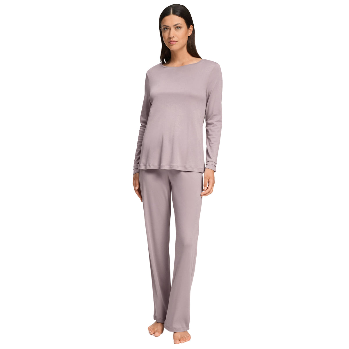 Model wearing HANRO Pilar Long Sleeve Pajama Set in mauve with relaxed straight-leg fit