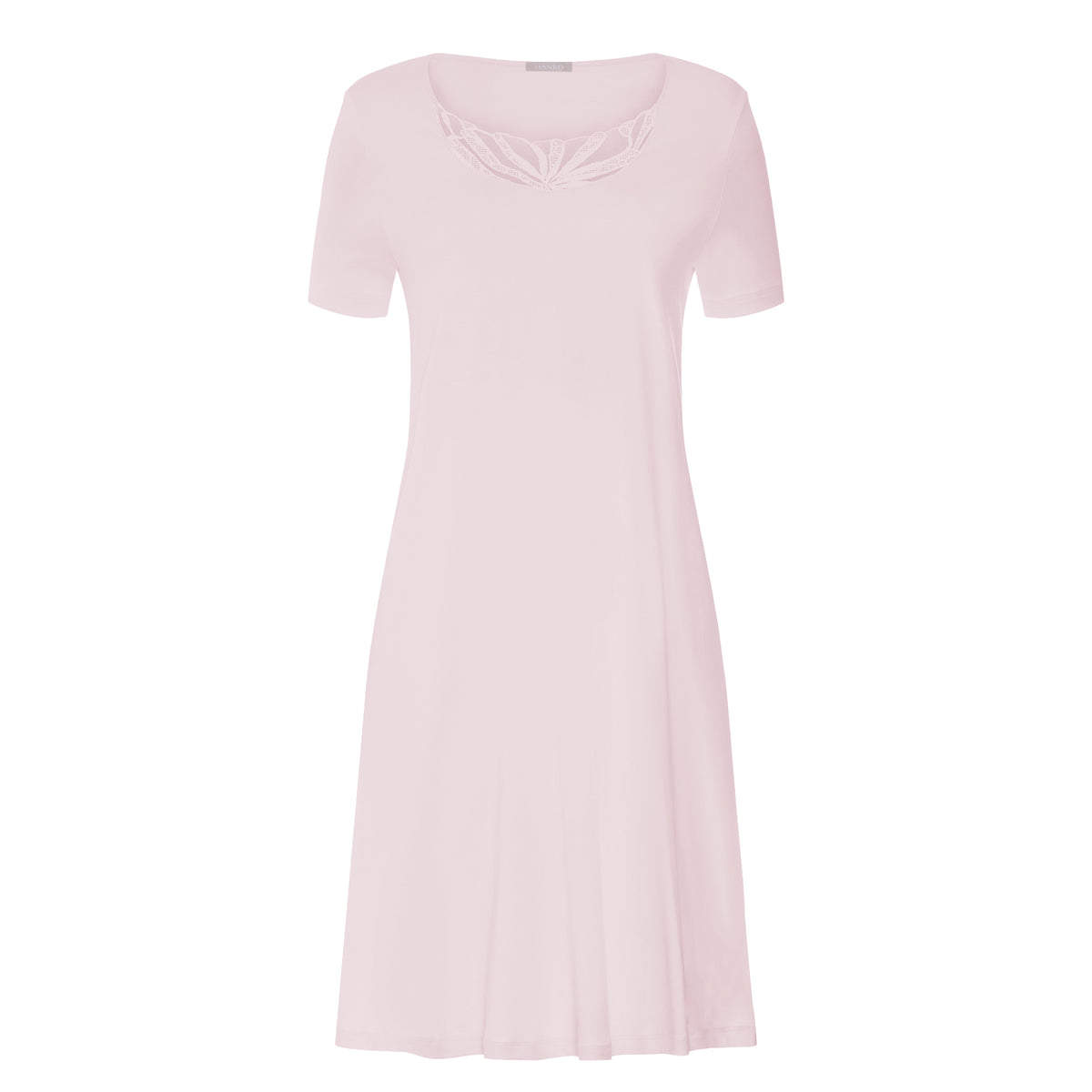 HANRO Rosaria Short Sleeve Chemise in blush pink, front flat view with feminine floral embroidery