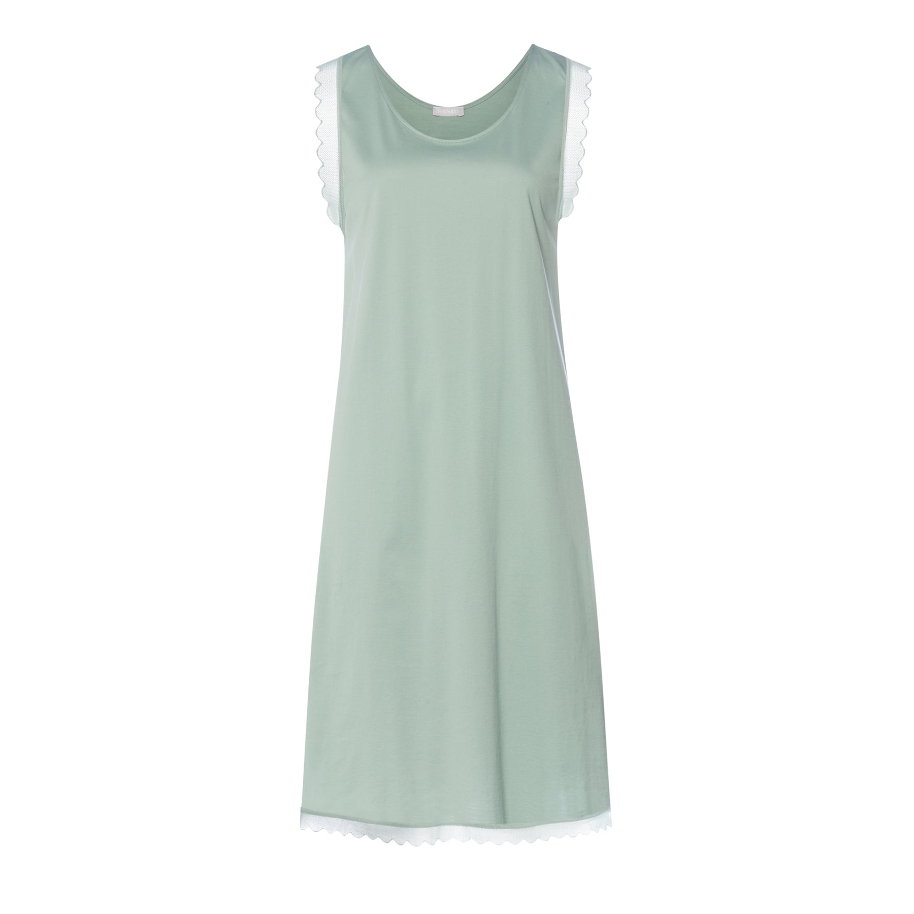 Sage green sleeveless nightgown with round neckline, lace trim straps and hem, front view on white background