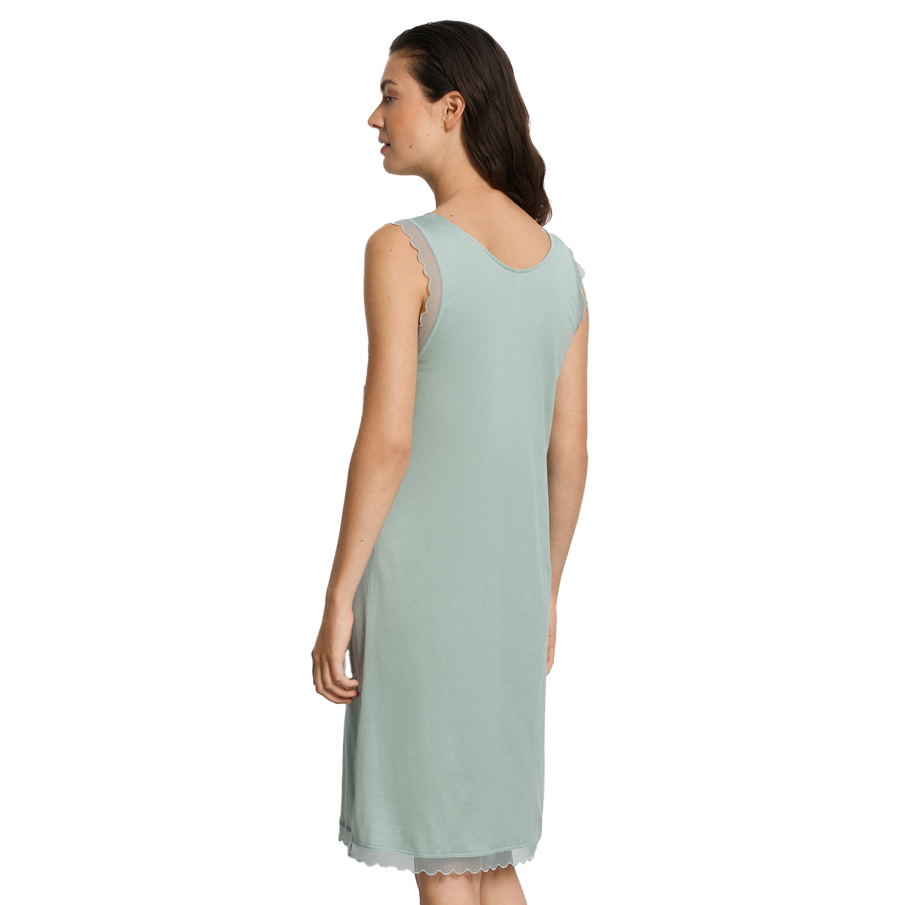 Back view of sage green sleeveless nightgown with lace trim straps and knee-length design