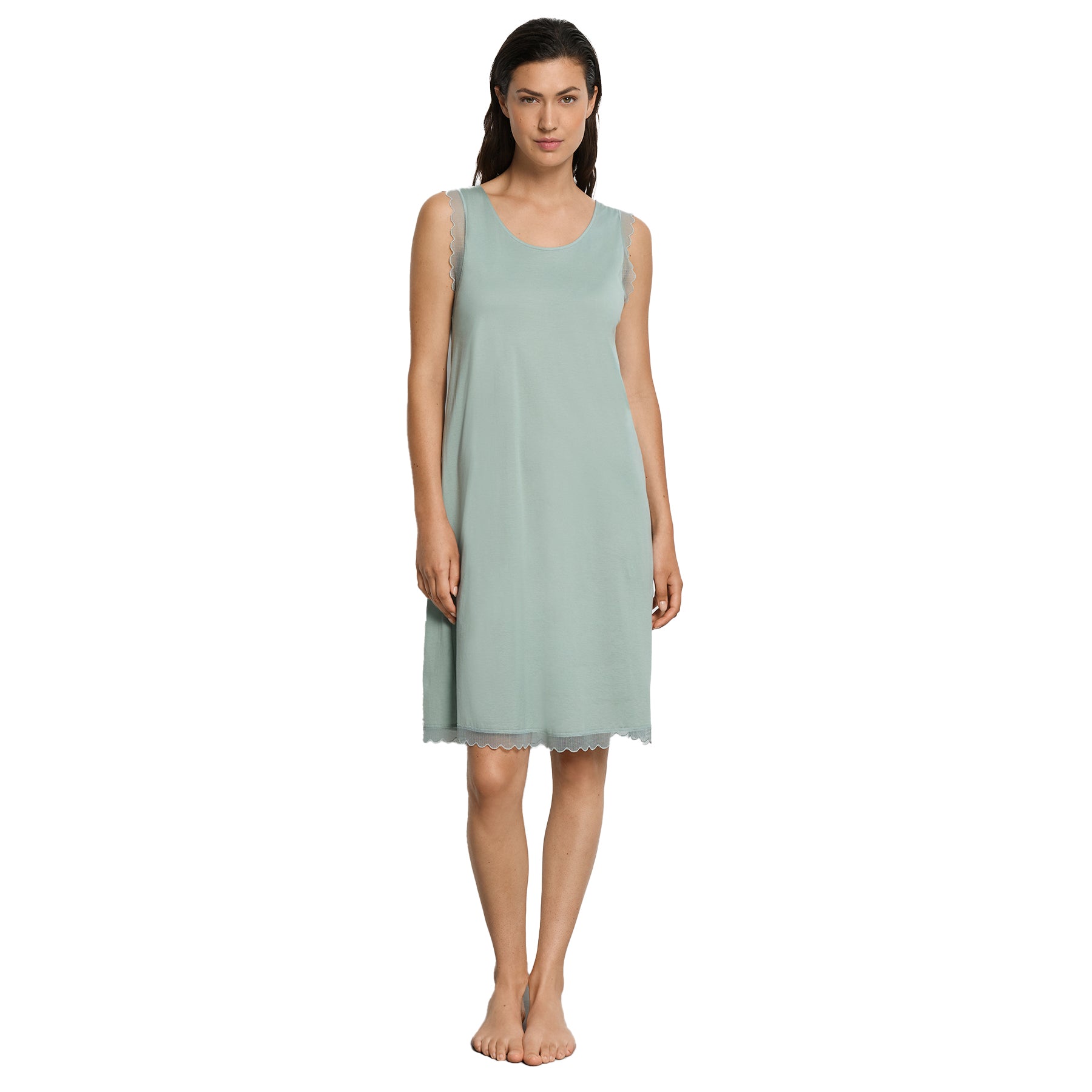 Front view of sage green nightgown with delicate lace trim at shoulders and hem, lightweight and breathable fabric