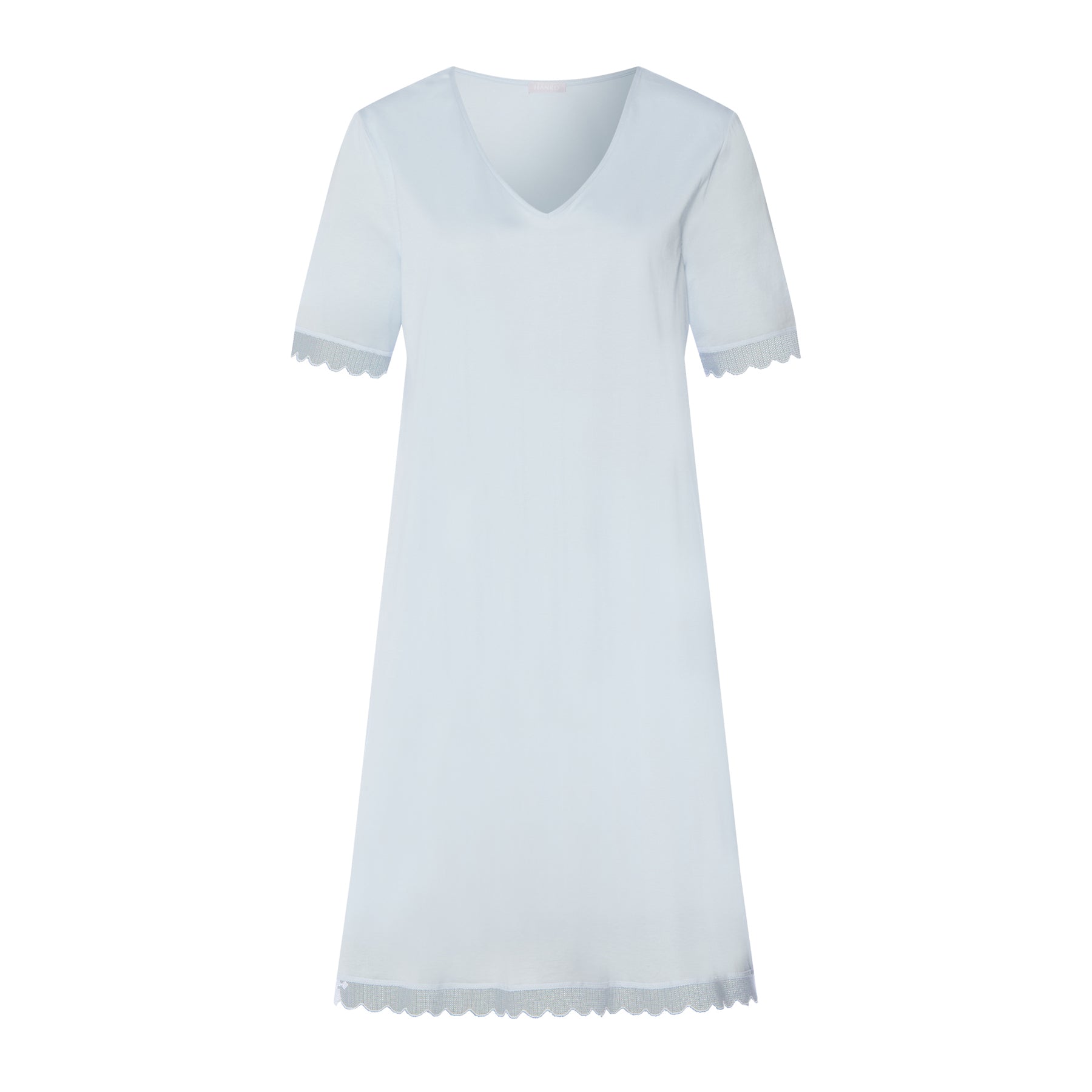 Light blue short sleeve nightgown with V-neck and lace trim, flat lay front view