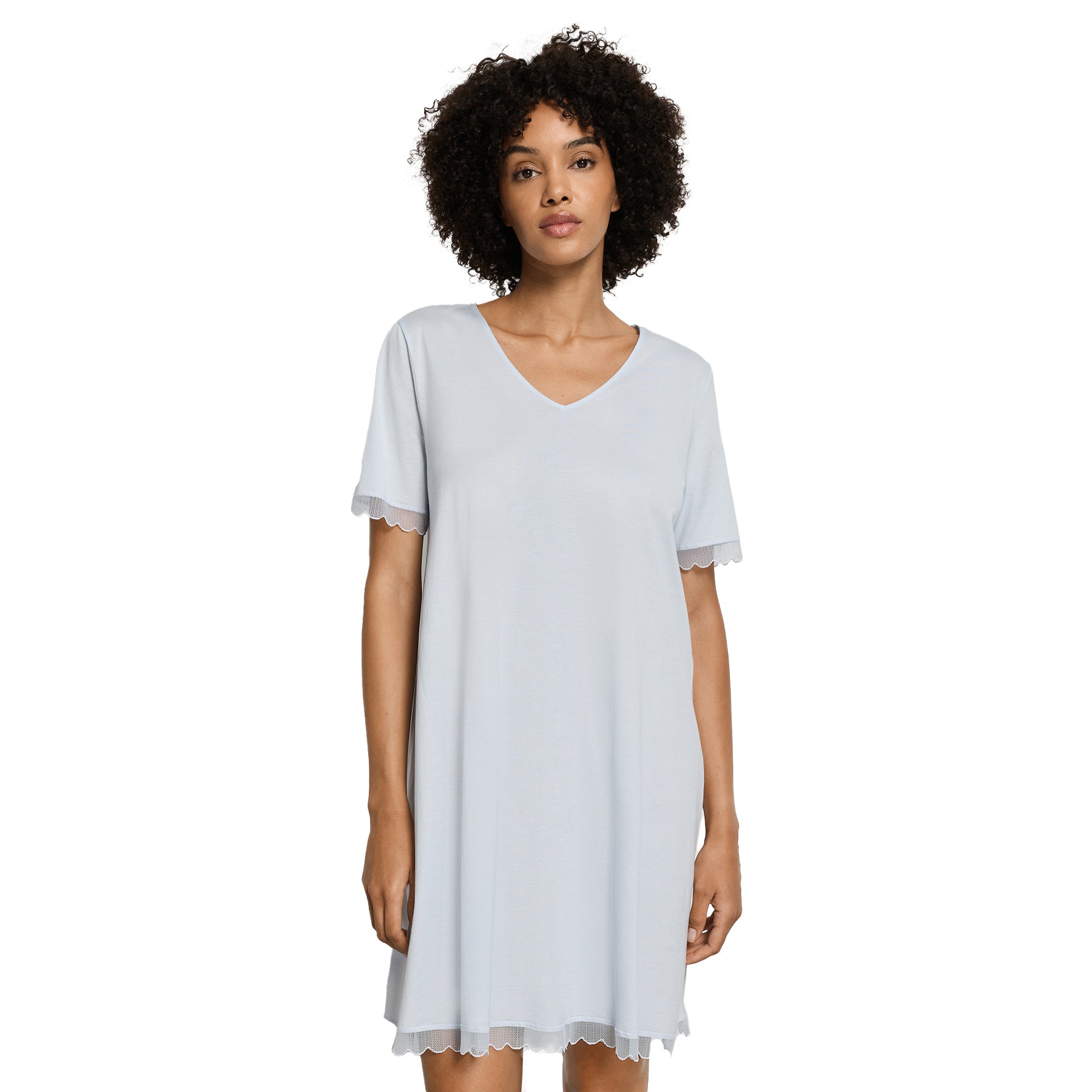 Soft blue short sleeve nightgown with V-neck, front view on model