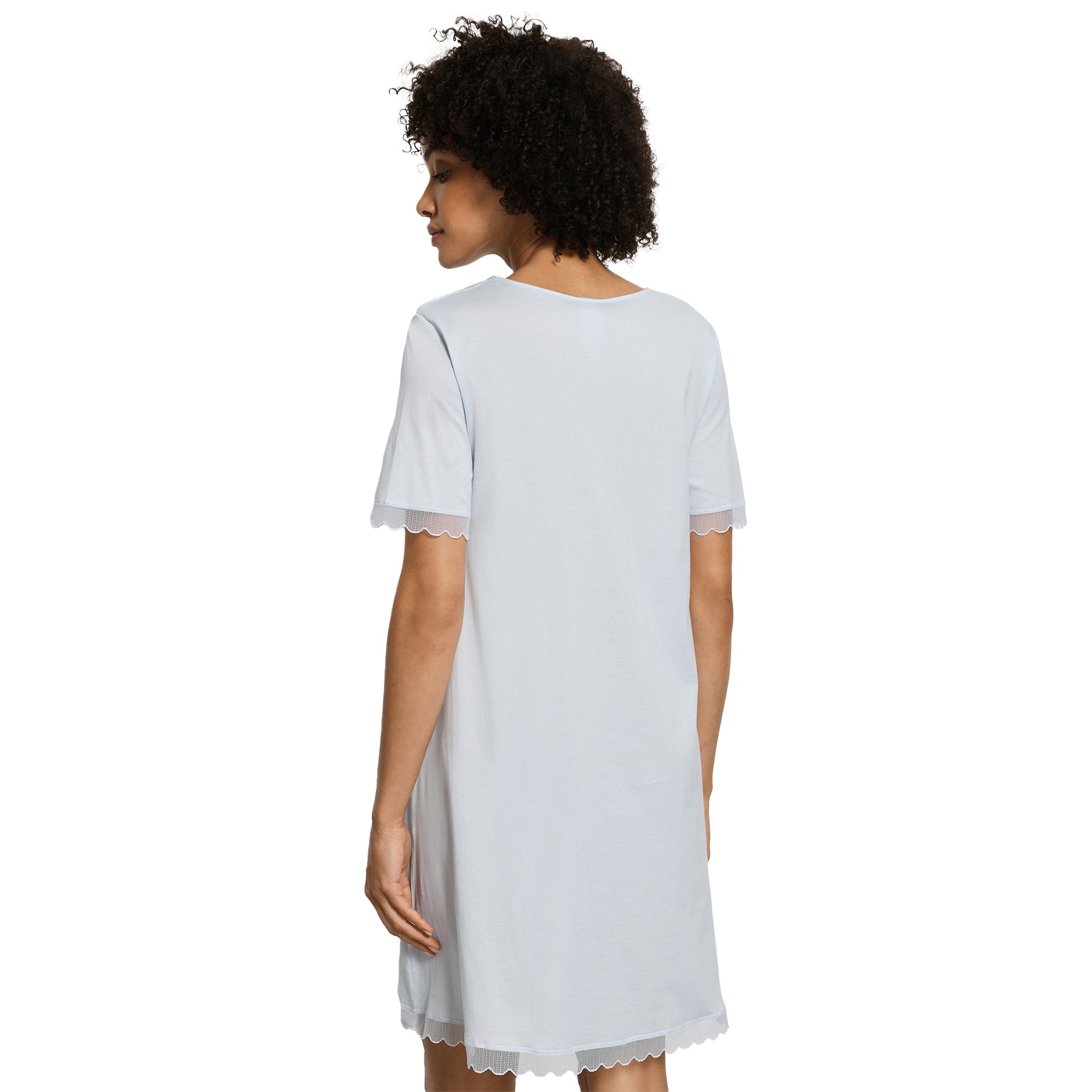 Light blue nightgown with lace-trim sleeves, back view on model