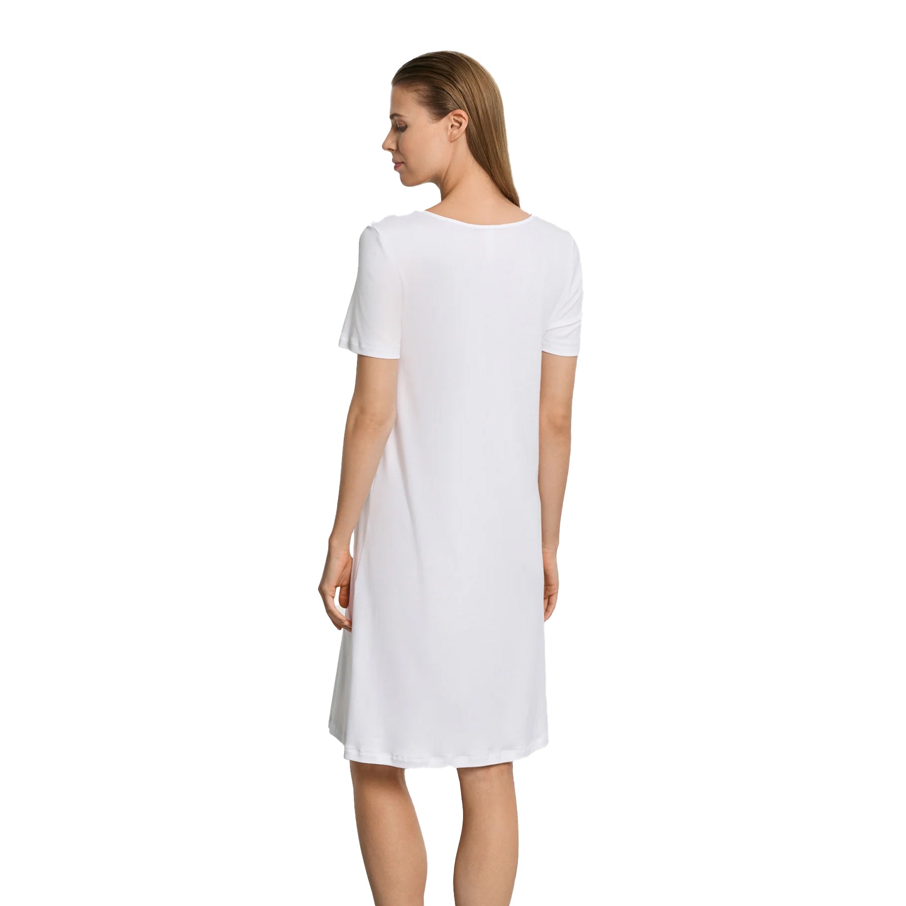 Back view of white short sleeve nightgown style 074746 with relaxed silhouette and smooth drape.
