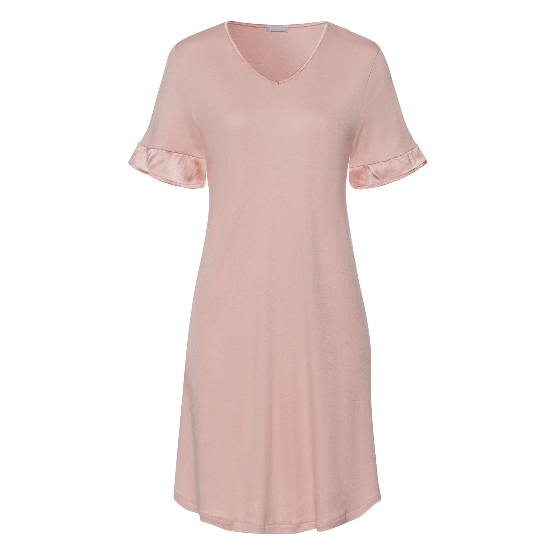 Blush pink short-sleeve nightdress with V-neck and satin ruffle cuffs, displayed on white background.