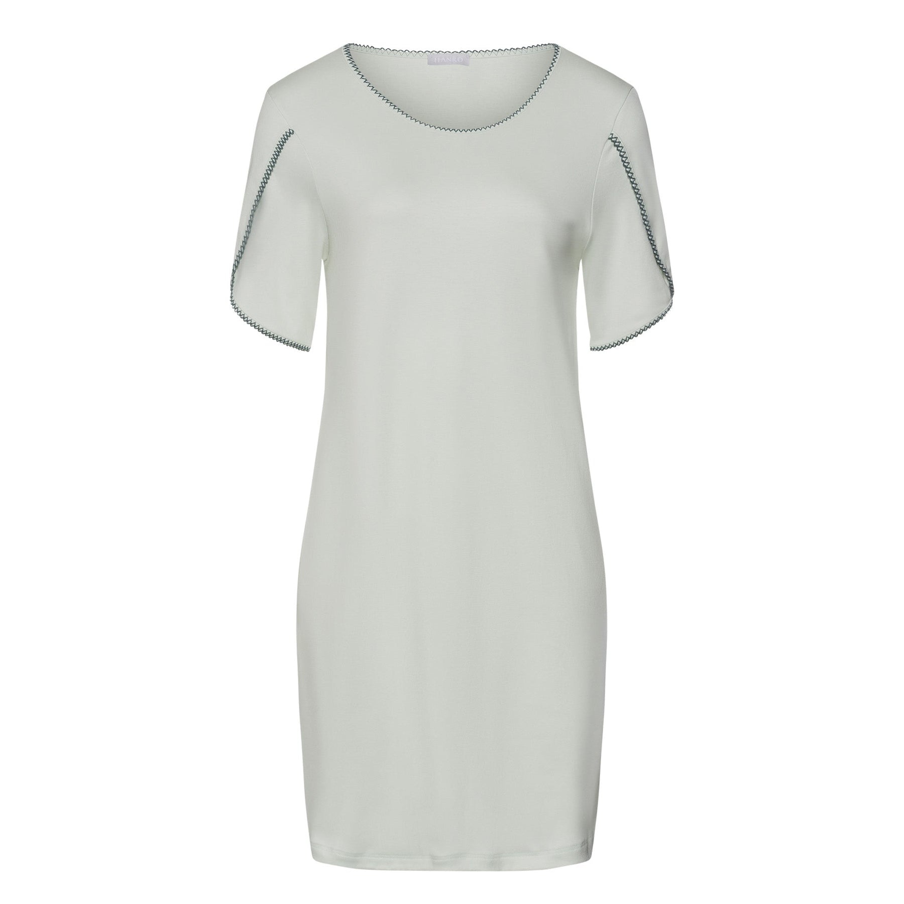 Light mint short-sleeve nightdress with round neckline and contrast scalloped trim, displayed on white background.