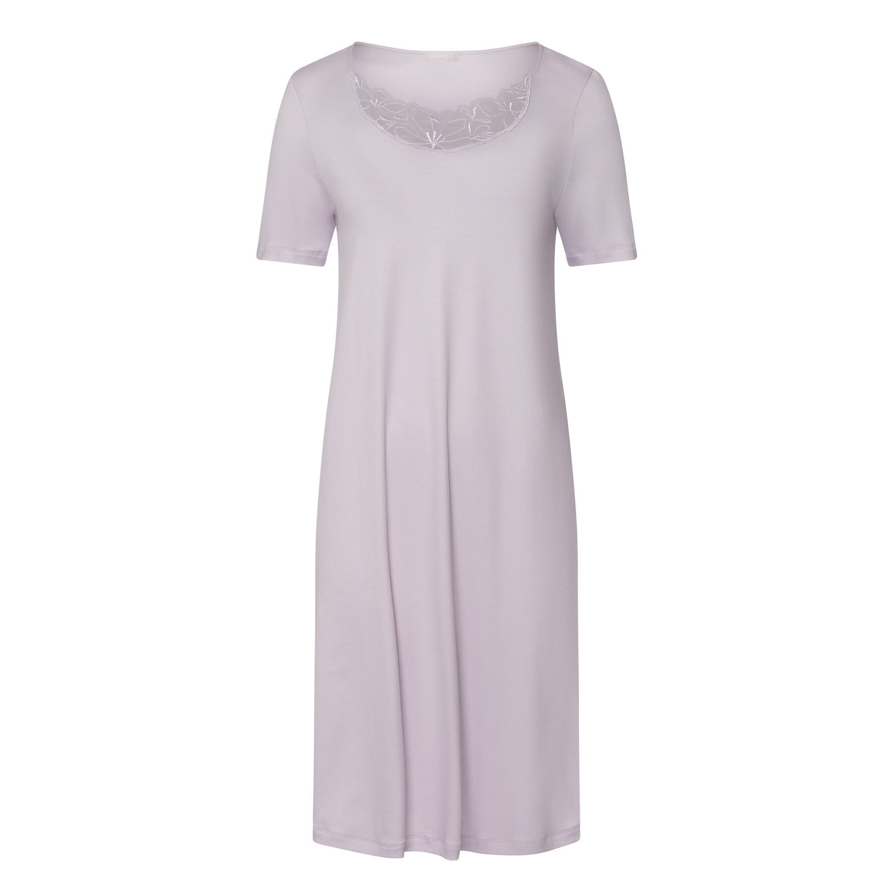 Lavender short-sleeve nightgown with embroidered lace neckline by Hanro, front view on white background.