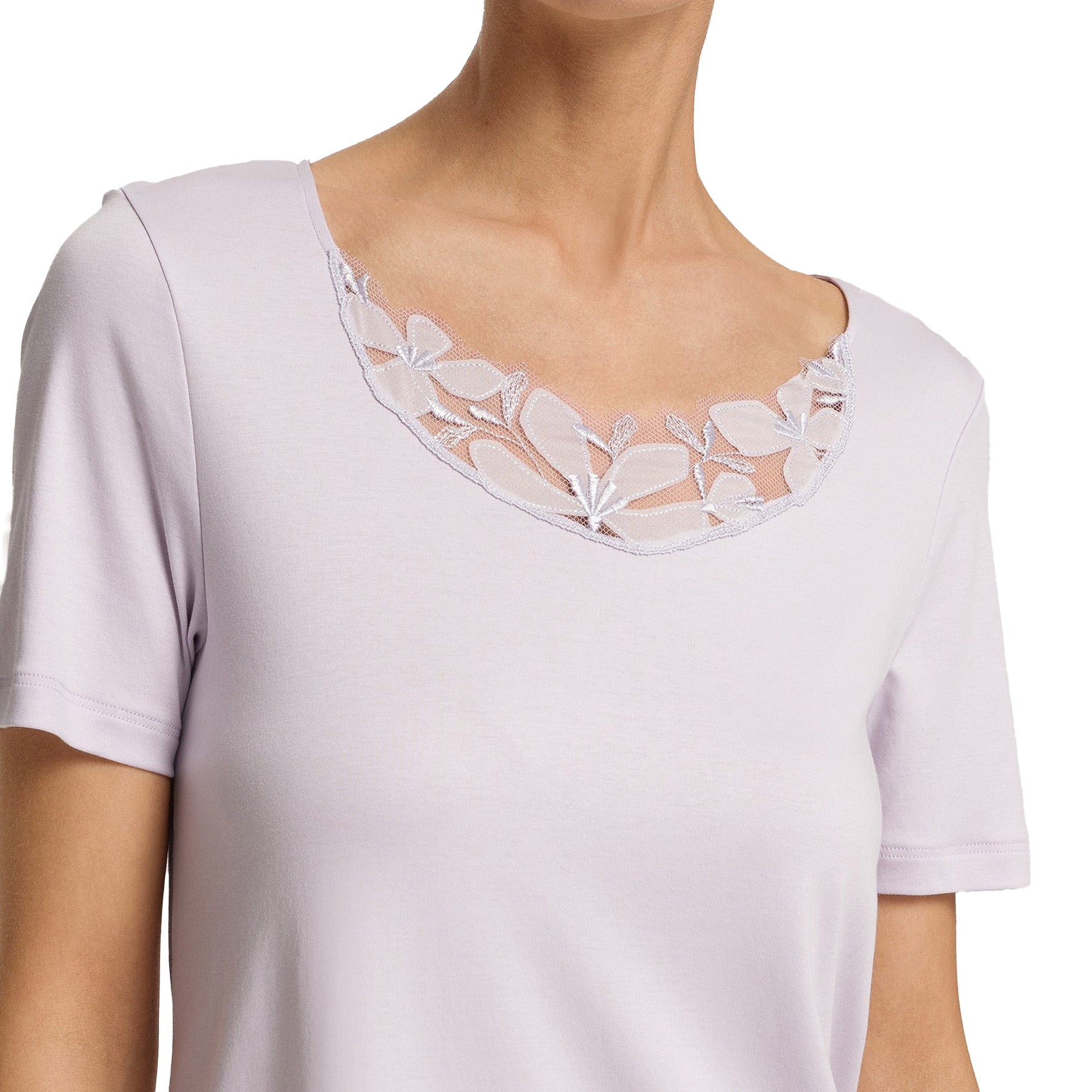 Close-up of floral lace neckline on lavender Hanro nightgown showing delicate embroidery detail.