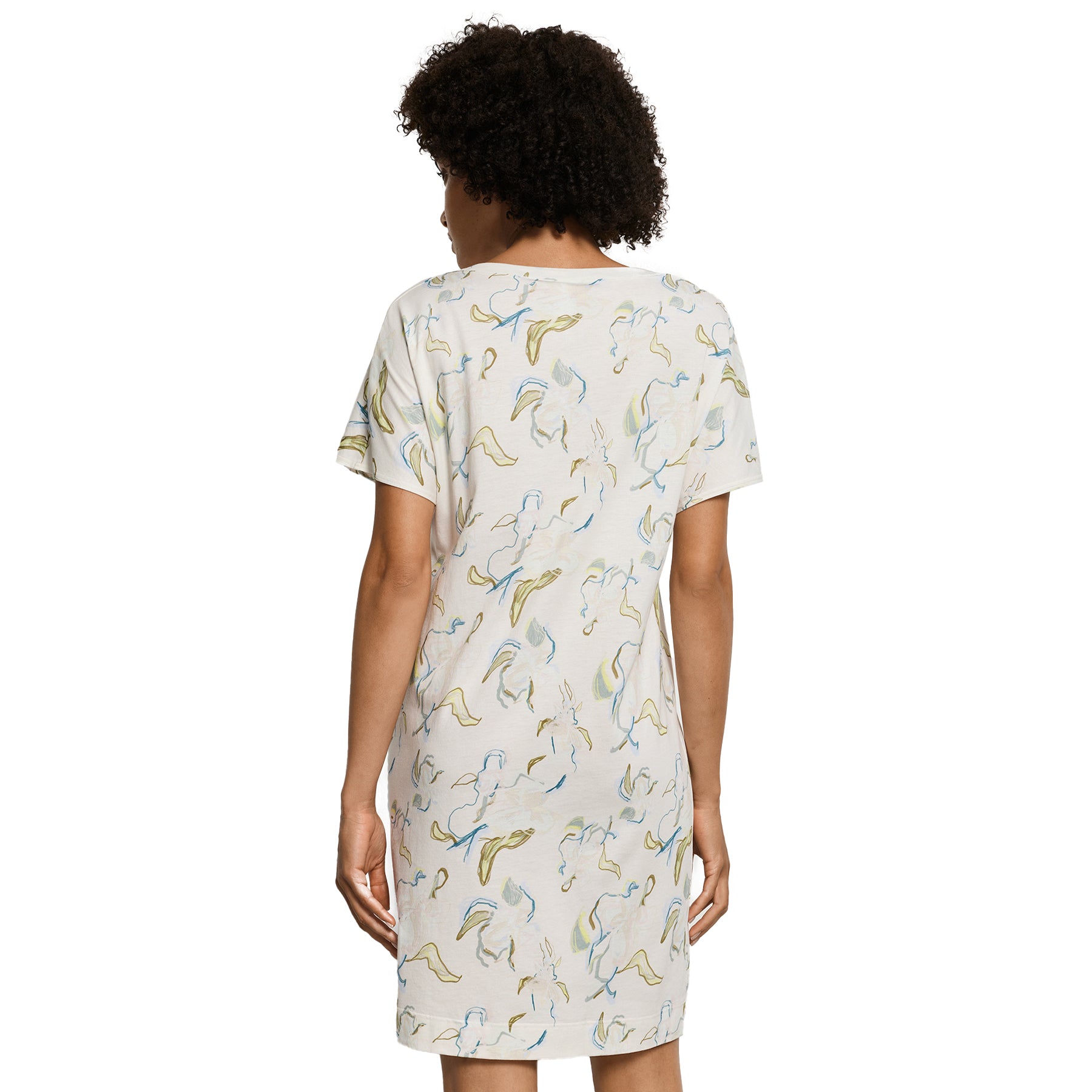 Model wearing Flowing Paint print nightgown style 074855, back view with soft pastel abstract floral pattern.