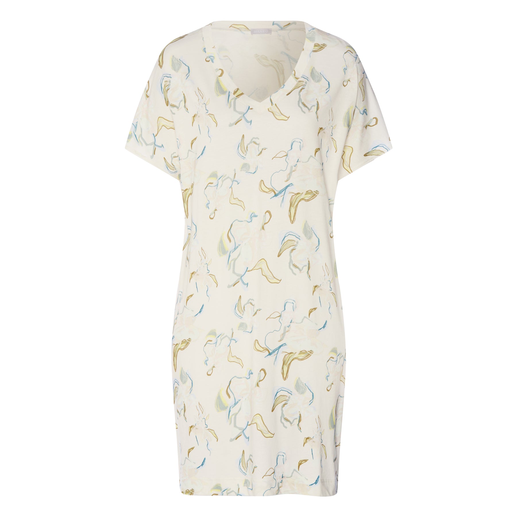 Flowing Paint print short sleeve nightgown style 074855 front view with V-neckline and knee-length silhouette.