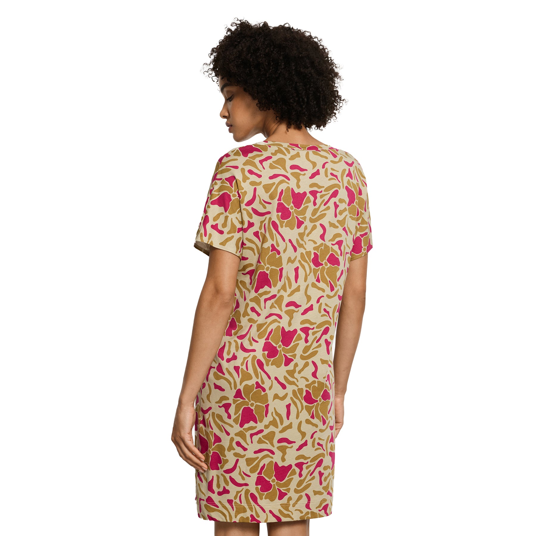 Model wearing Petals Print nightgown style 074855, back view in beige and vibrant pink abstract floral pattern.