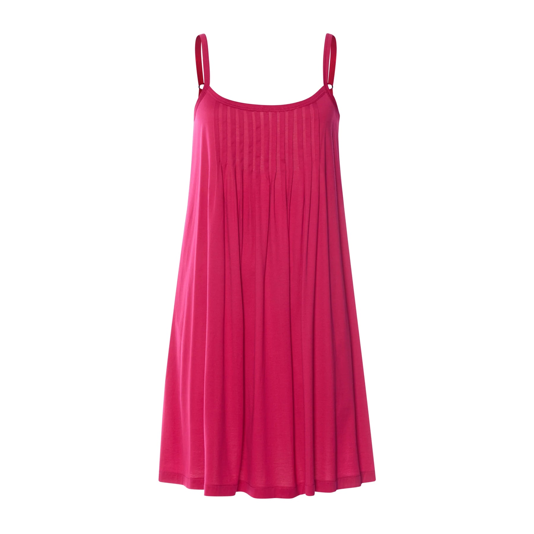 Light Sangria sleeveless nightgown style 077747 with pleated front detail and thin adjustable straps, front flat lay view.