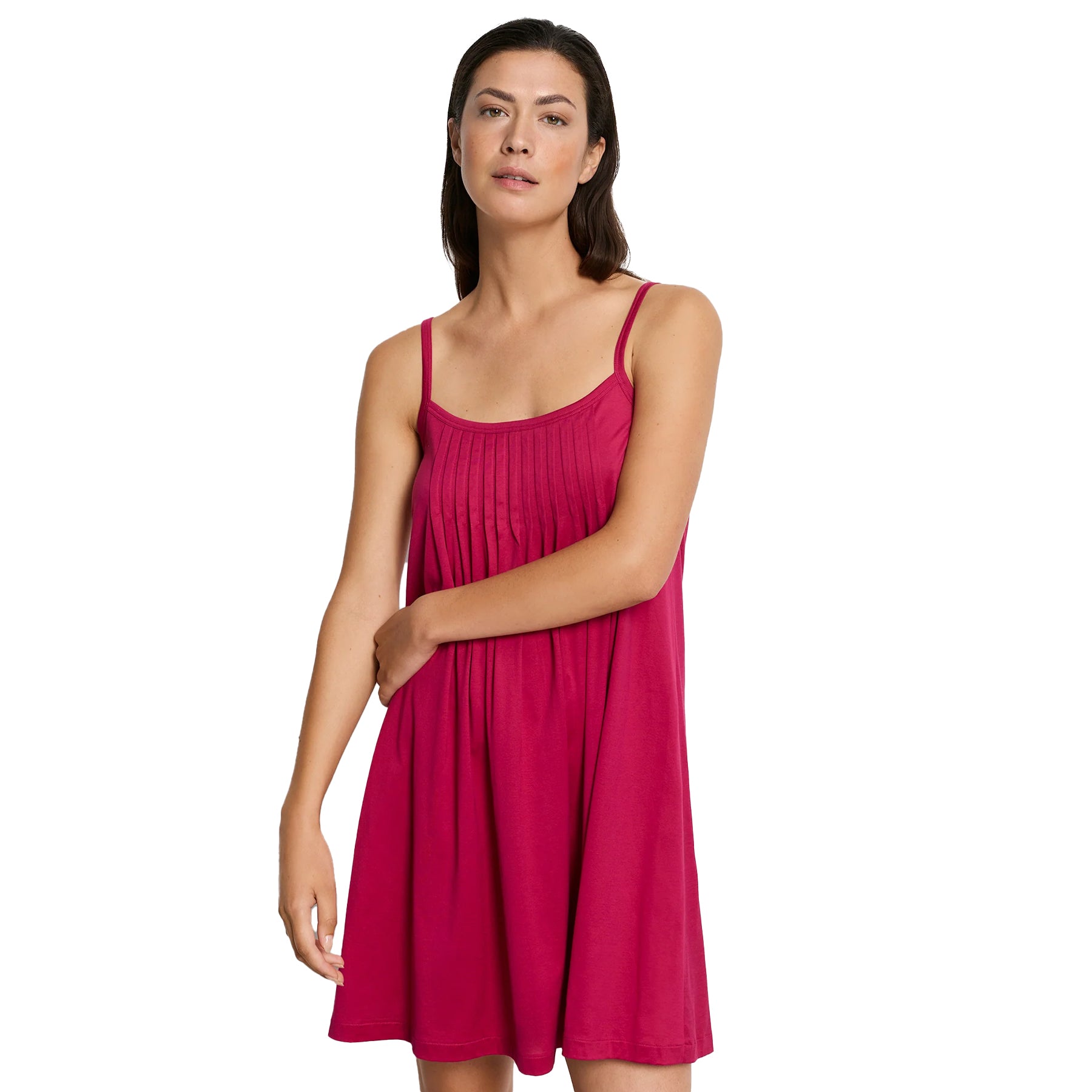 Model wearing Light Sangria short nightgown style 077747 featuring soft drape and pleated neckline detail.