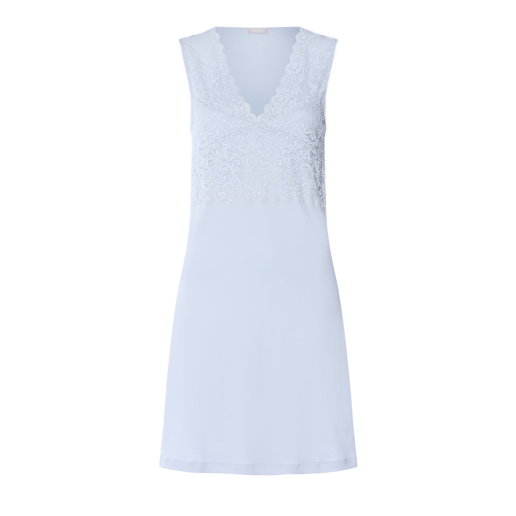 Light blue sleeveless nightgown with lace bodice and smooth skirt, V-neckline, front view on white background
