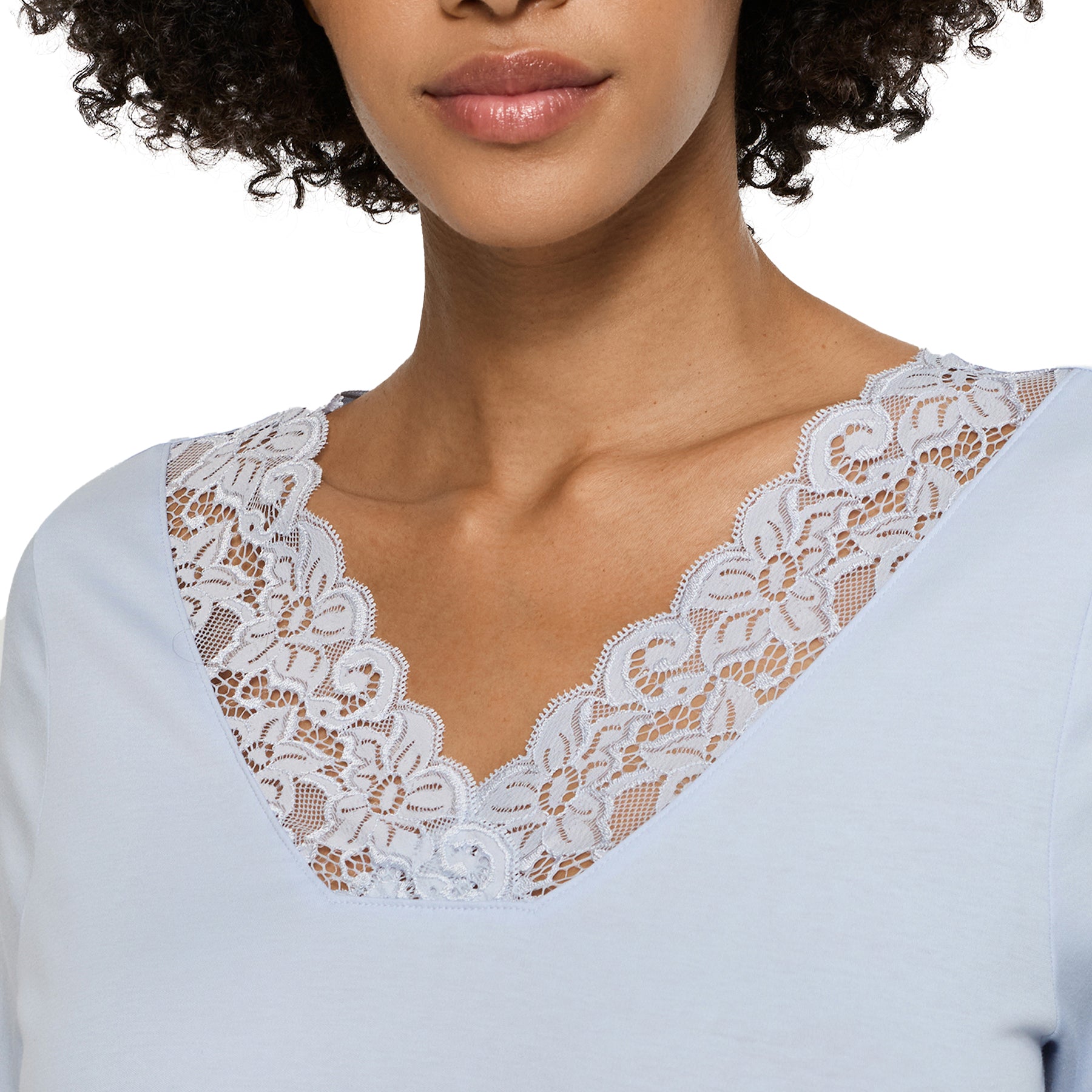 Light blue nightgown with floral lace V-neck detail, close-up on model