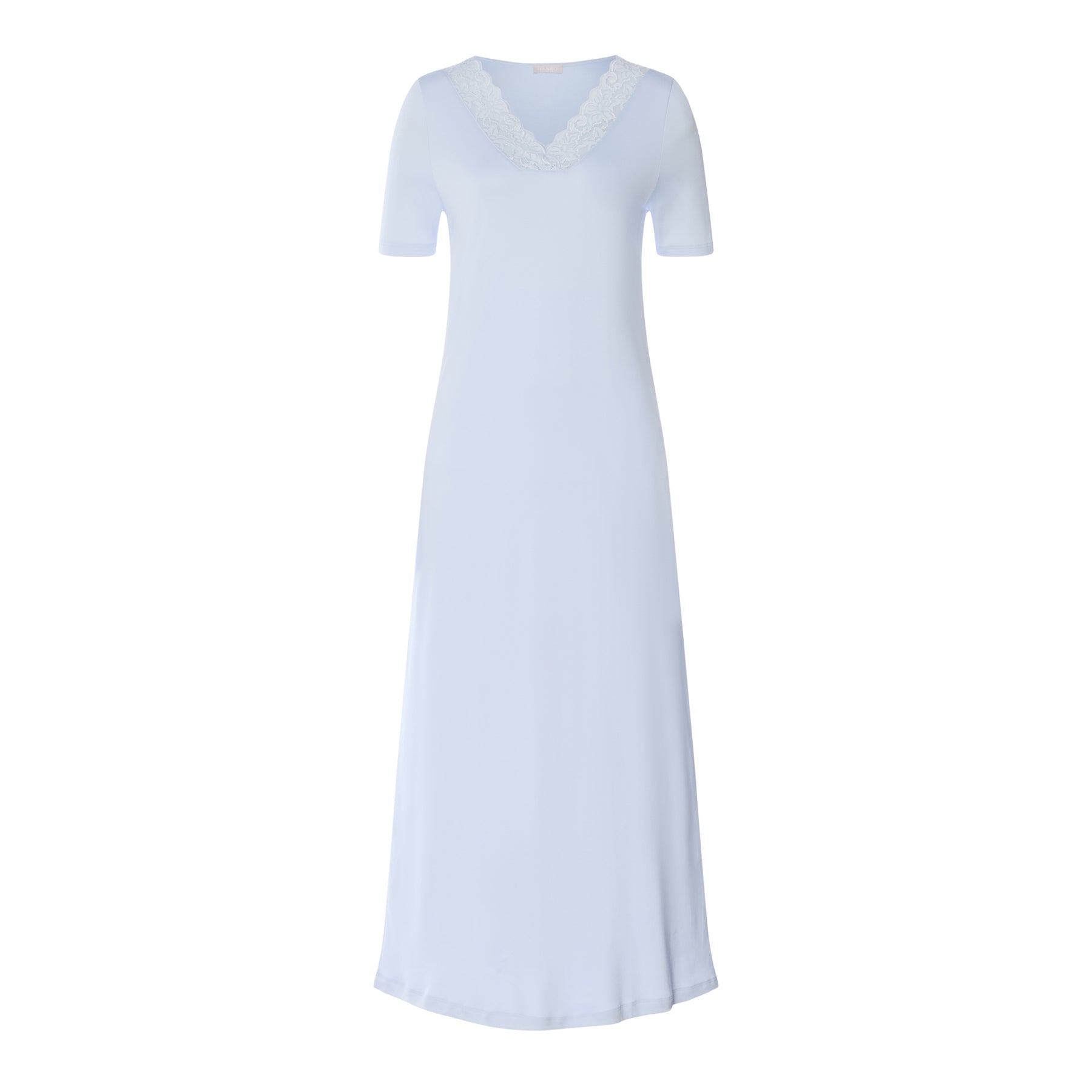 Soft blue long nightgown with lace neckline, flat lay front view