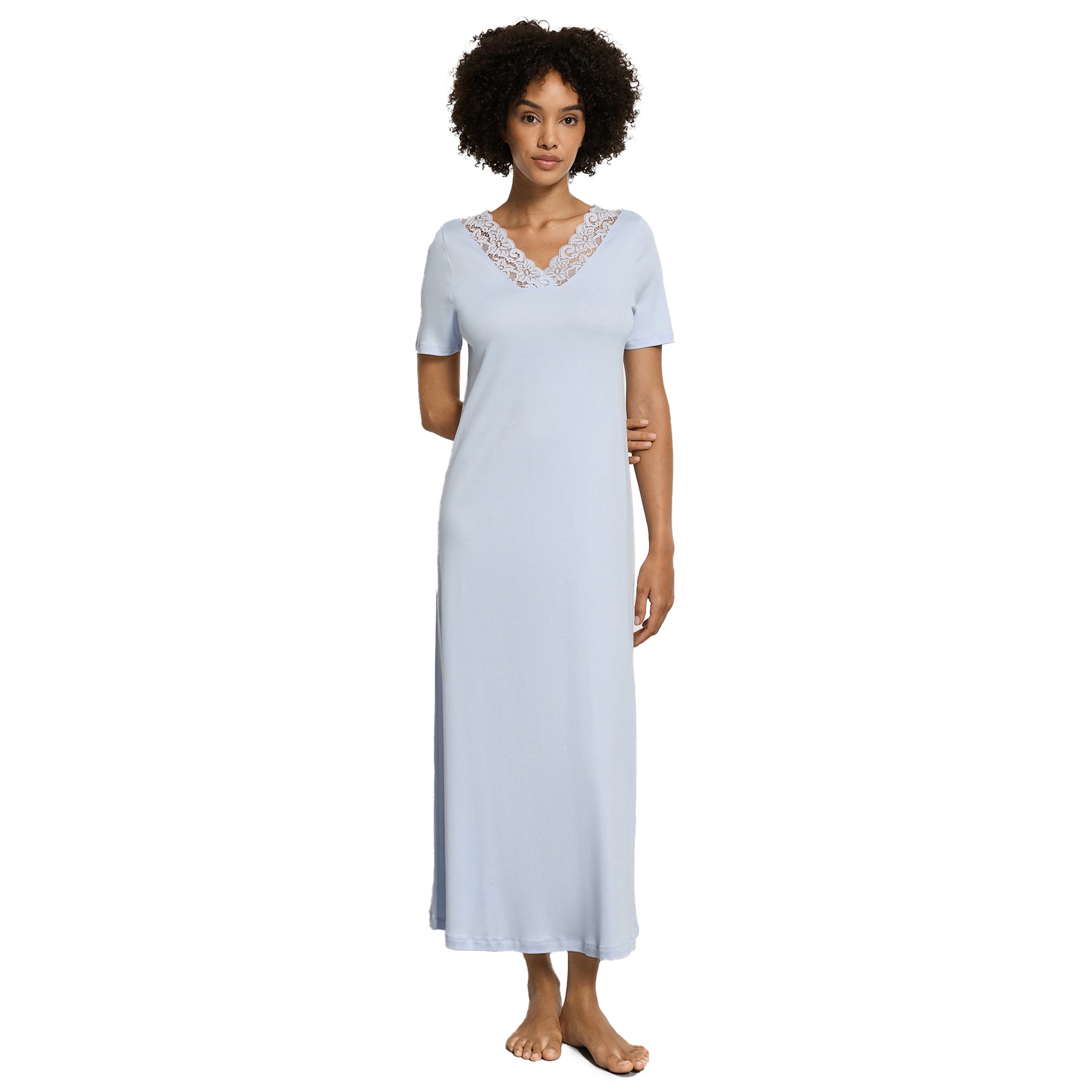 Light blue short sleeve nightgown with lace V-neck, full body front view on model
