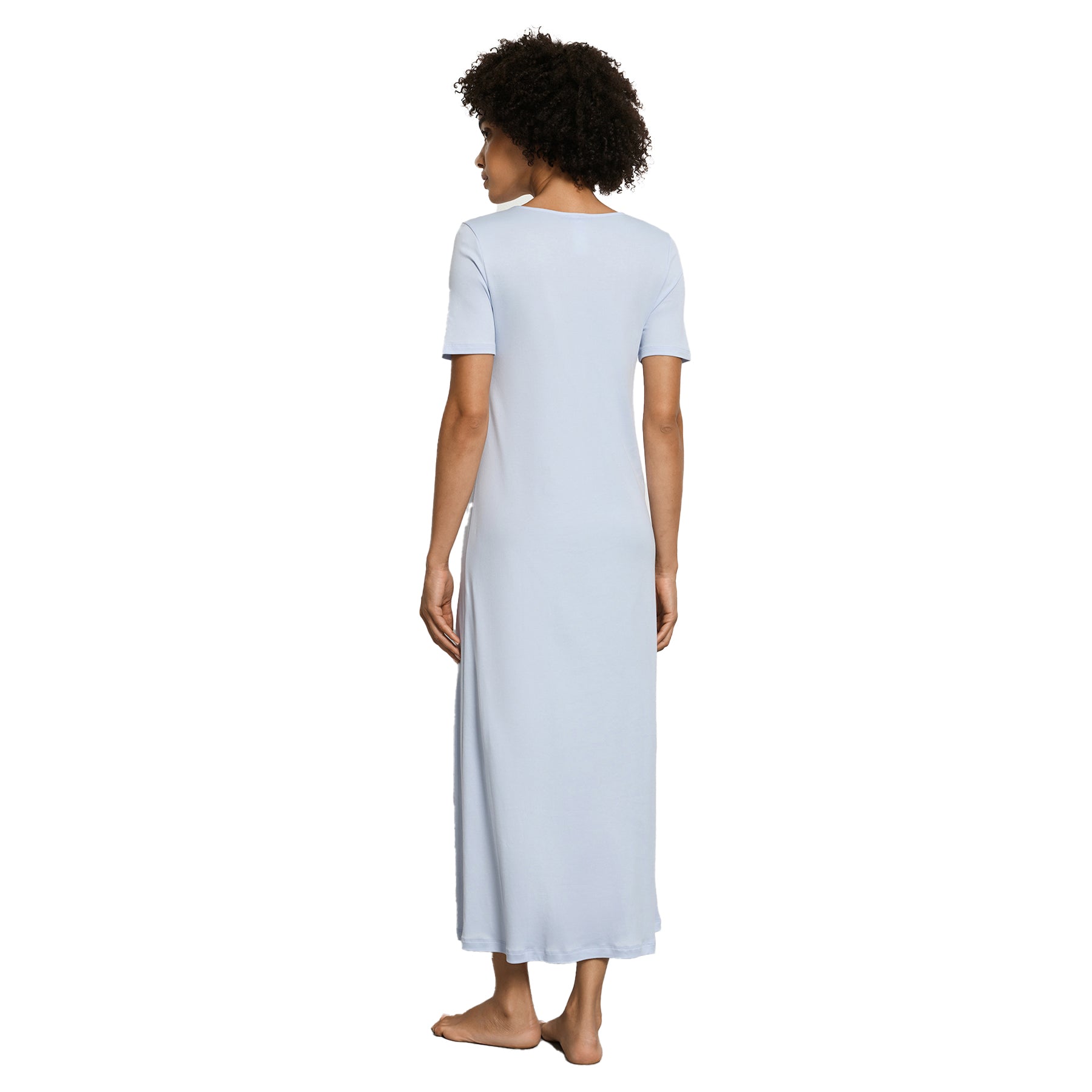 Soft blue long nightgown with short sleeves, full length back view on model