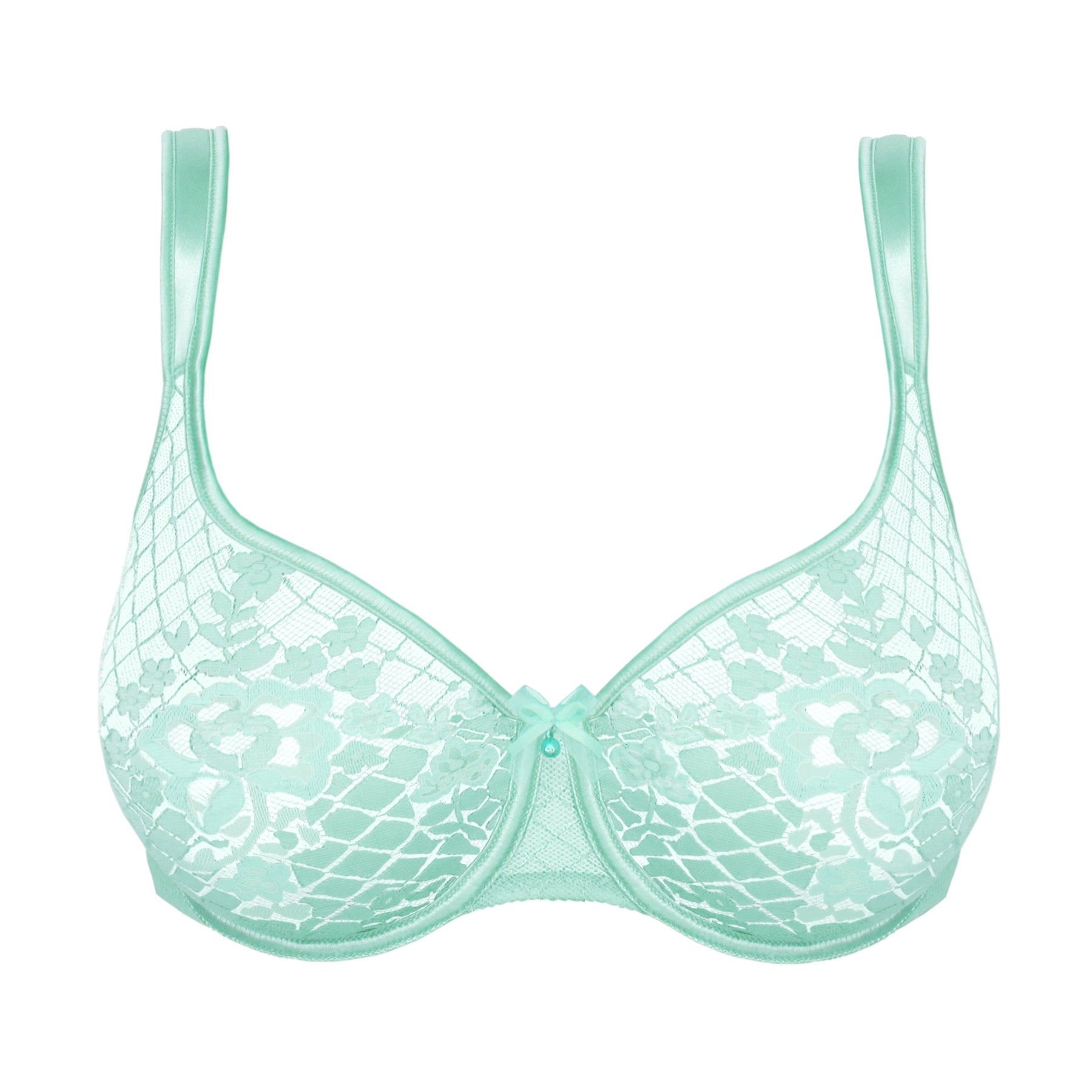 Aqua lace underwire bra with semi-sheer floral cups and delicate mesh detailing, front view on white background.