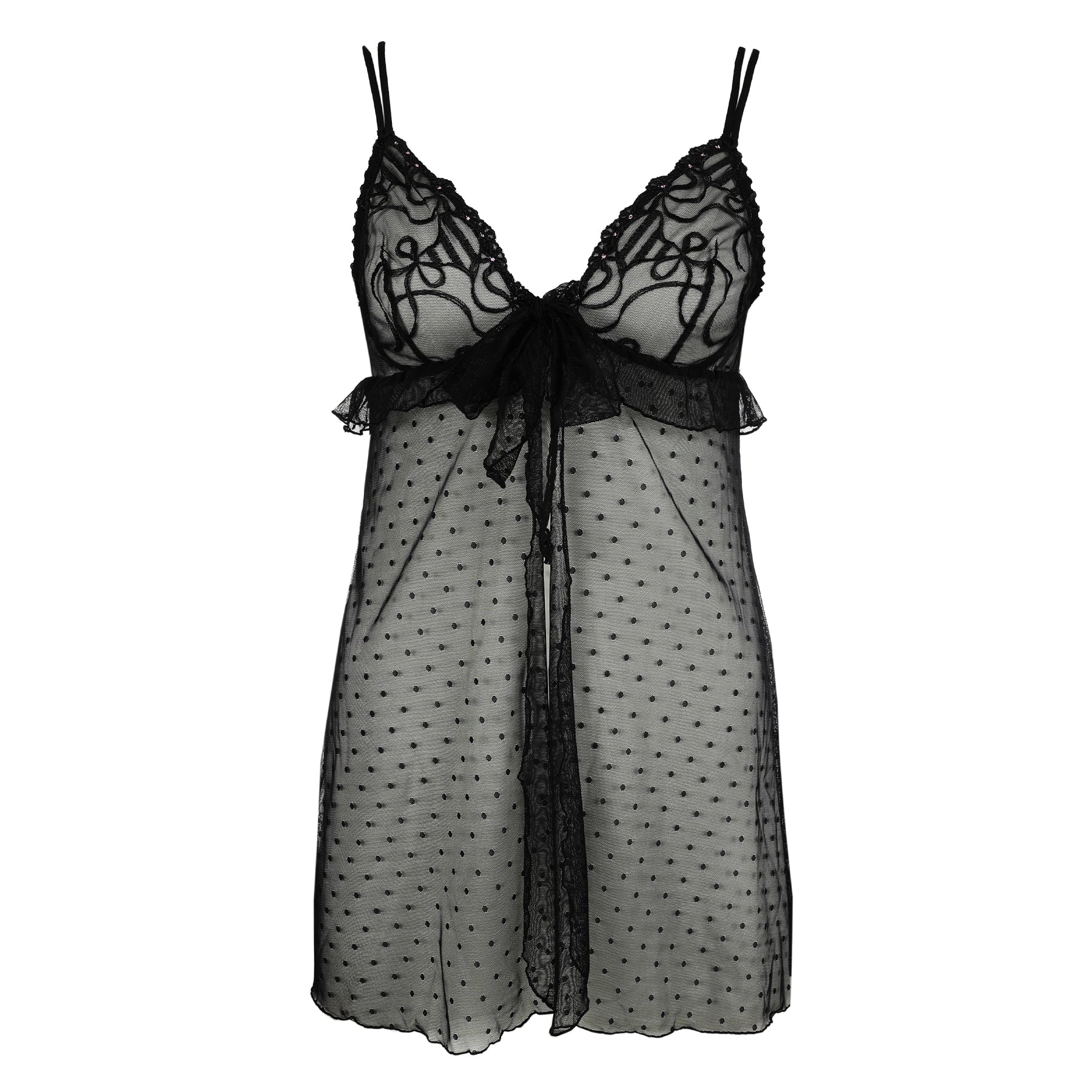 Flat lay of Marie Jo Noova black babydoll on white background, highlighting sheer mesh skirt and embroidered cup detail.