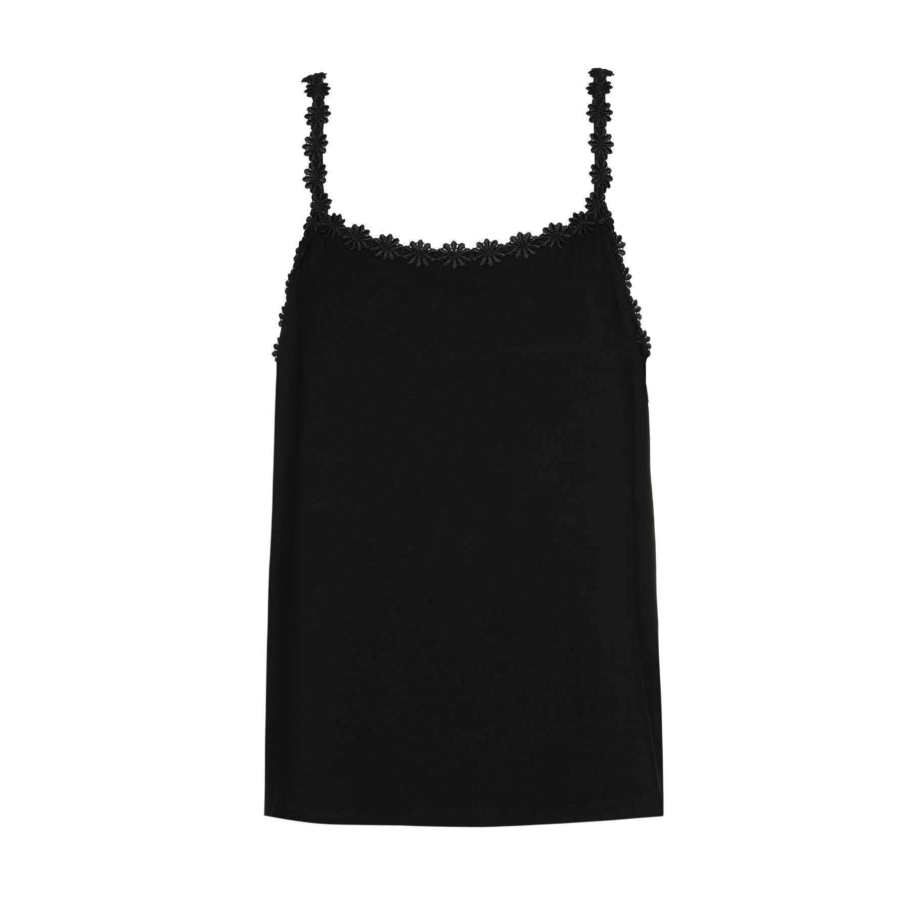 Front flat lay of black camisole with lace-trim straps on white background