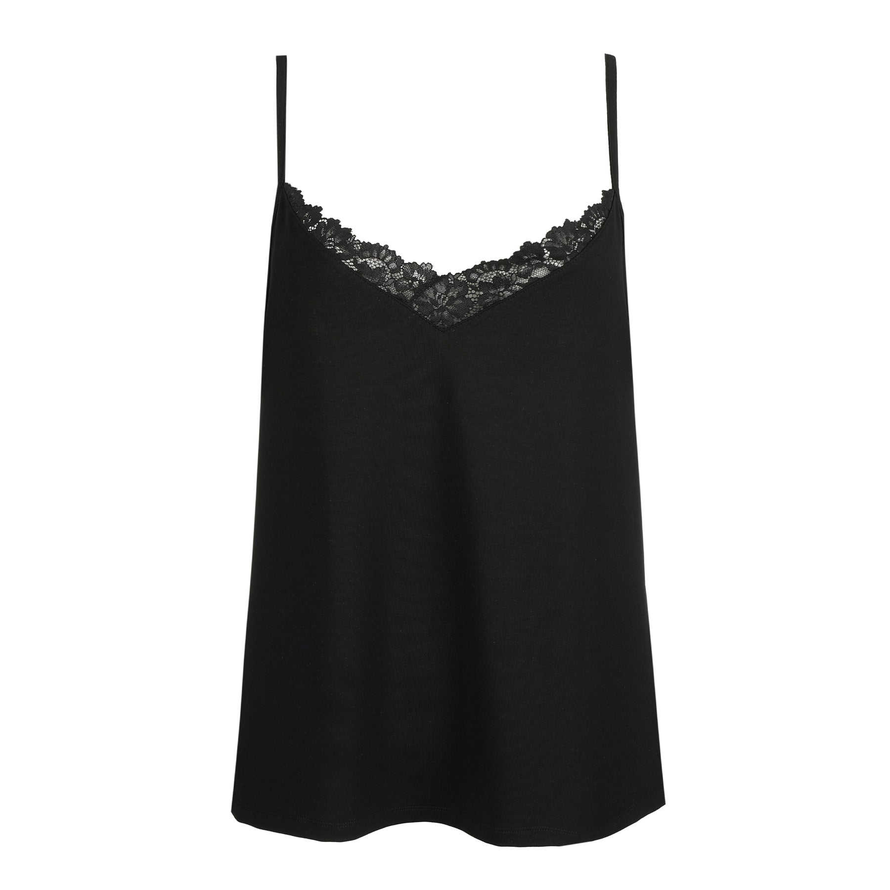 Black camisole tank top with delicate lace trim V neckline and thin straps on white background